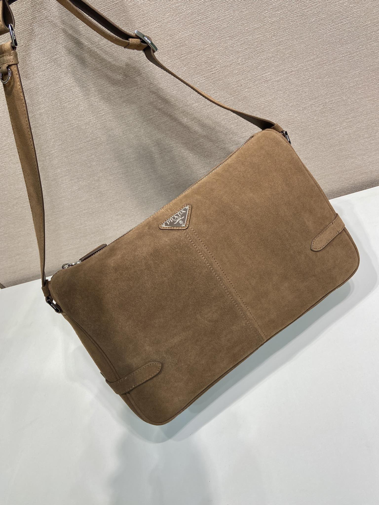 Prada HOBO BAG 35 IN GINGERBREAD SUEDE SILVER LOGO