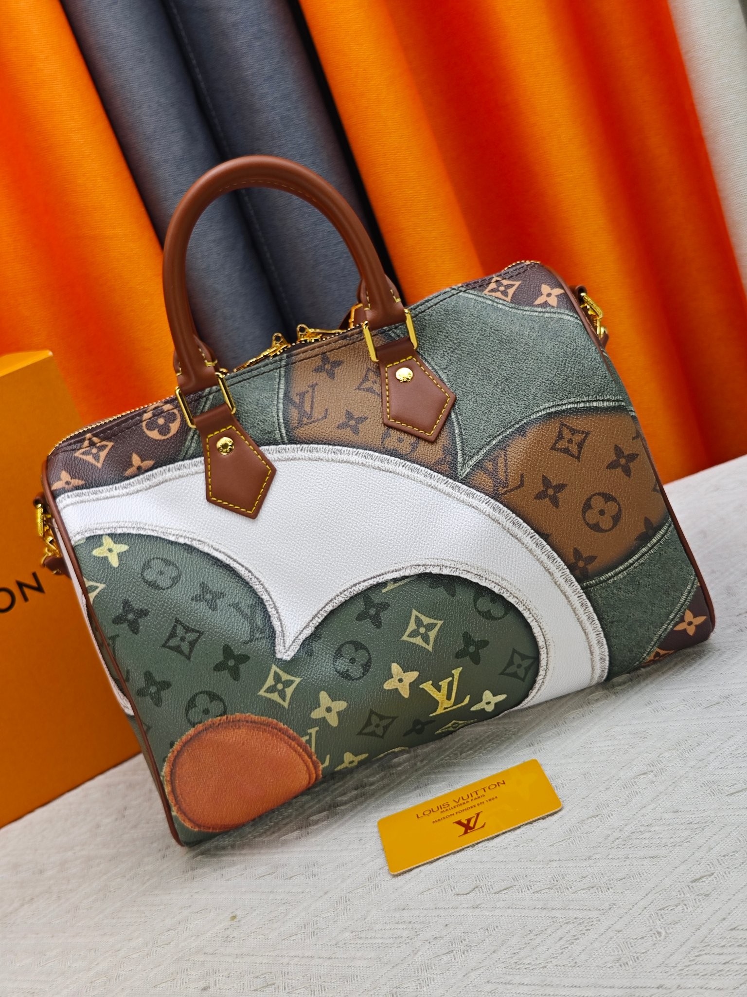 Louis Vuitton LV Speedy 30 Monogram Giant White Flower Print Olive Canvas Boston Top Handle Bag - KAIROO