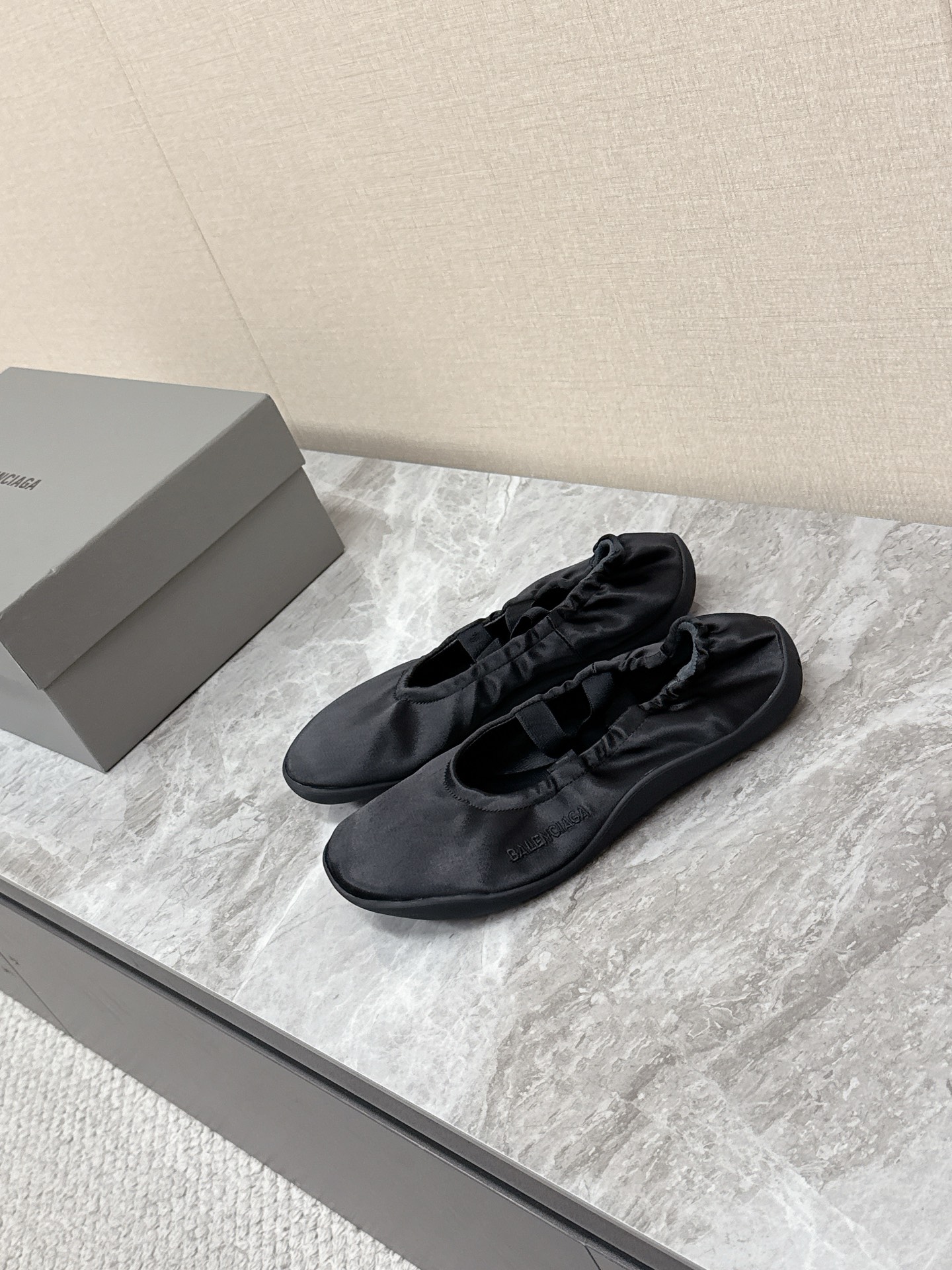 Balenciaga Leopold Black Satin Elastic Strap Side Embroidered Logo Round Toe Ballet Flats - KAIROO
