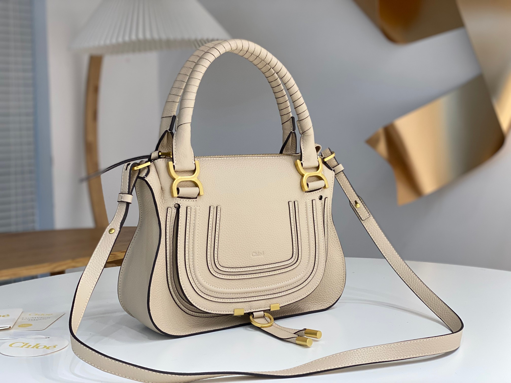 Chloe Small Marcie Bag in Grained Leather-Cream white