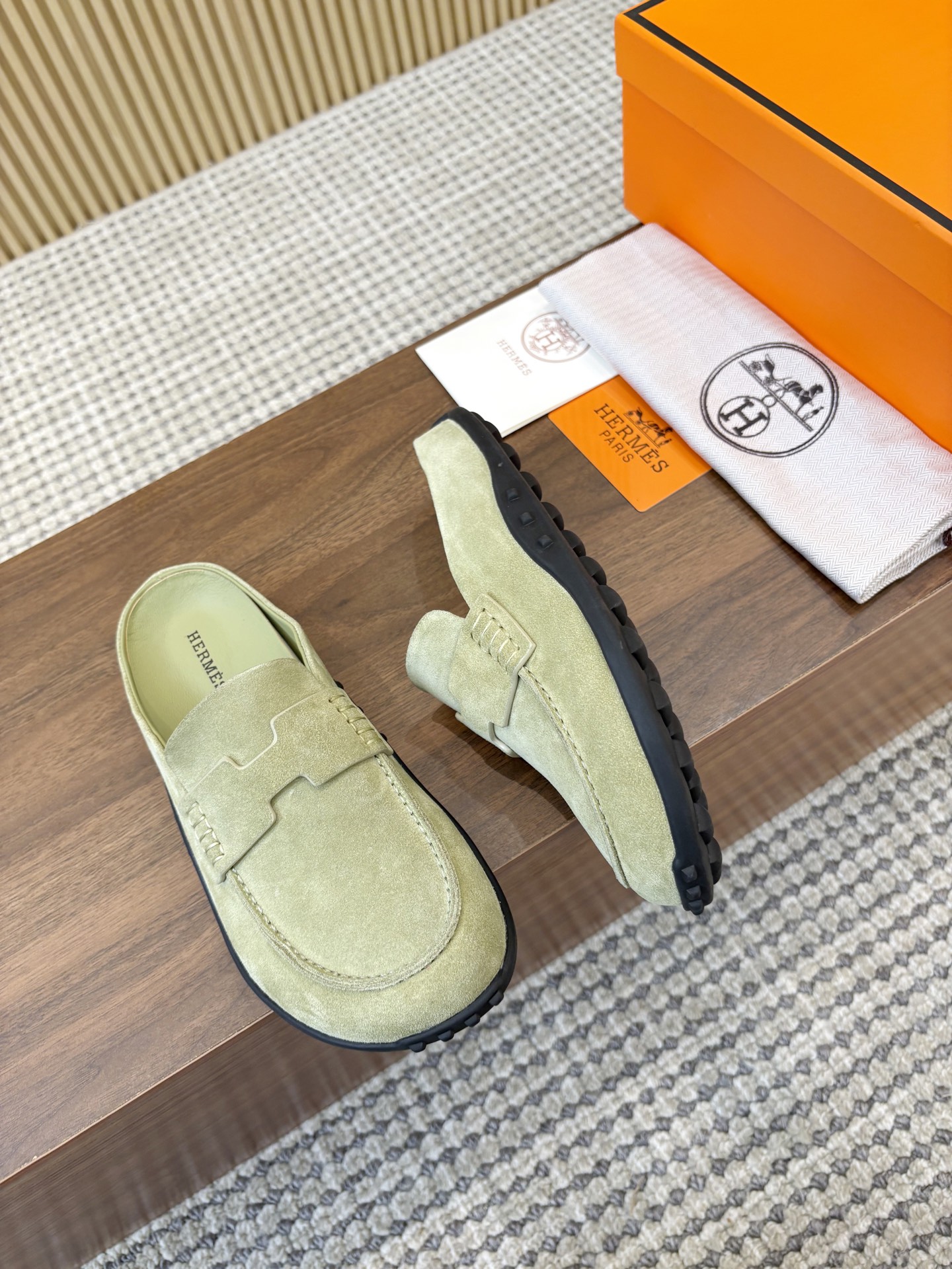 Hermès Vert d'Eau H Cut-Out Suede Leather Go Loafer Mules - KAIROO