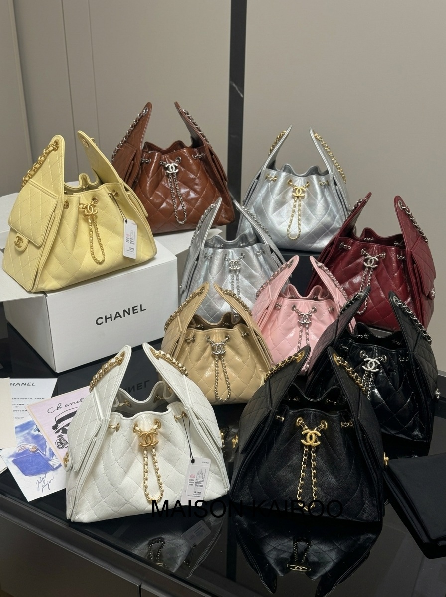 Chanel 25bag Small 30 Quilted Caviar & Smooth Leather Drawstring Lazy Bucket Hobo Tote Bag - KAIROO