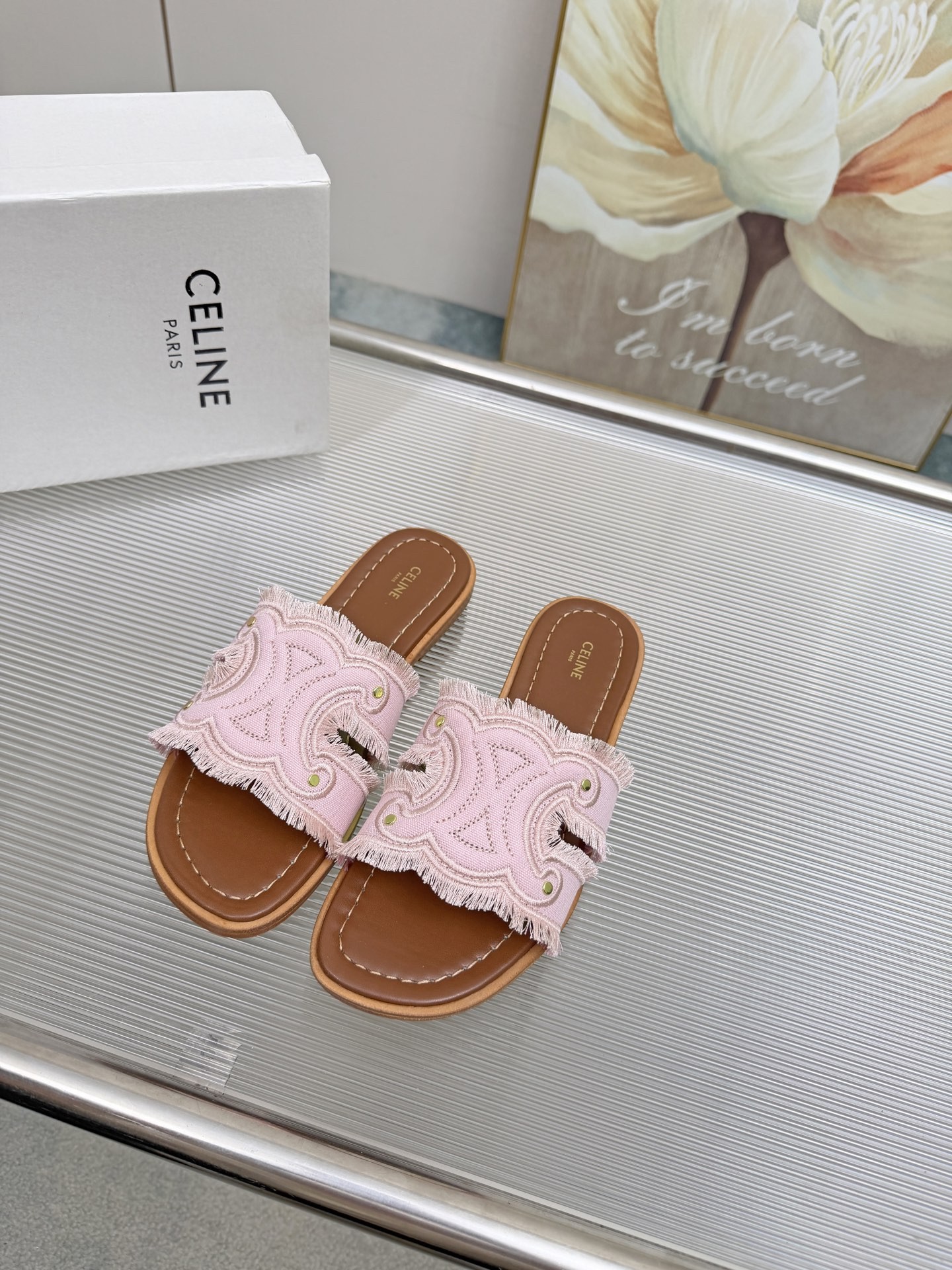 Celine Triomphe Logo Aged Gold Studs Embroidered Featuring Raw Fringe Canvas Flat Sandals - KAIROO