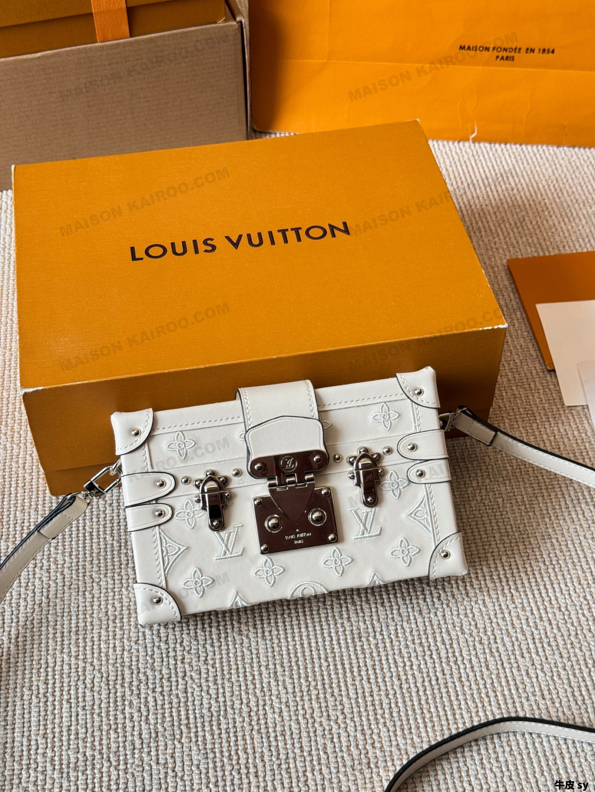 Louis Vuitton LV Petite Malle Trunk Full White Stitched Monogram Embroidery Leather Crossbody Bag - KAIROO