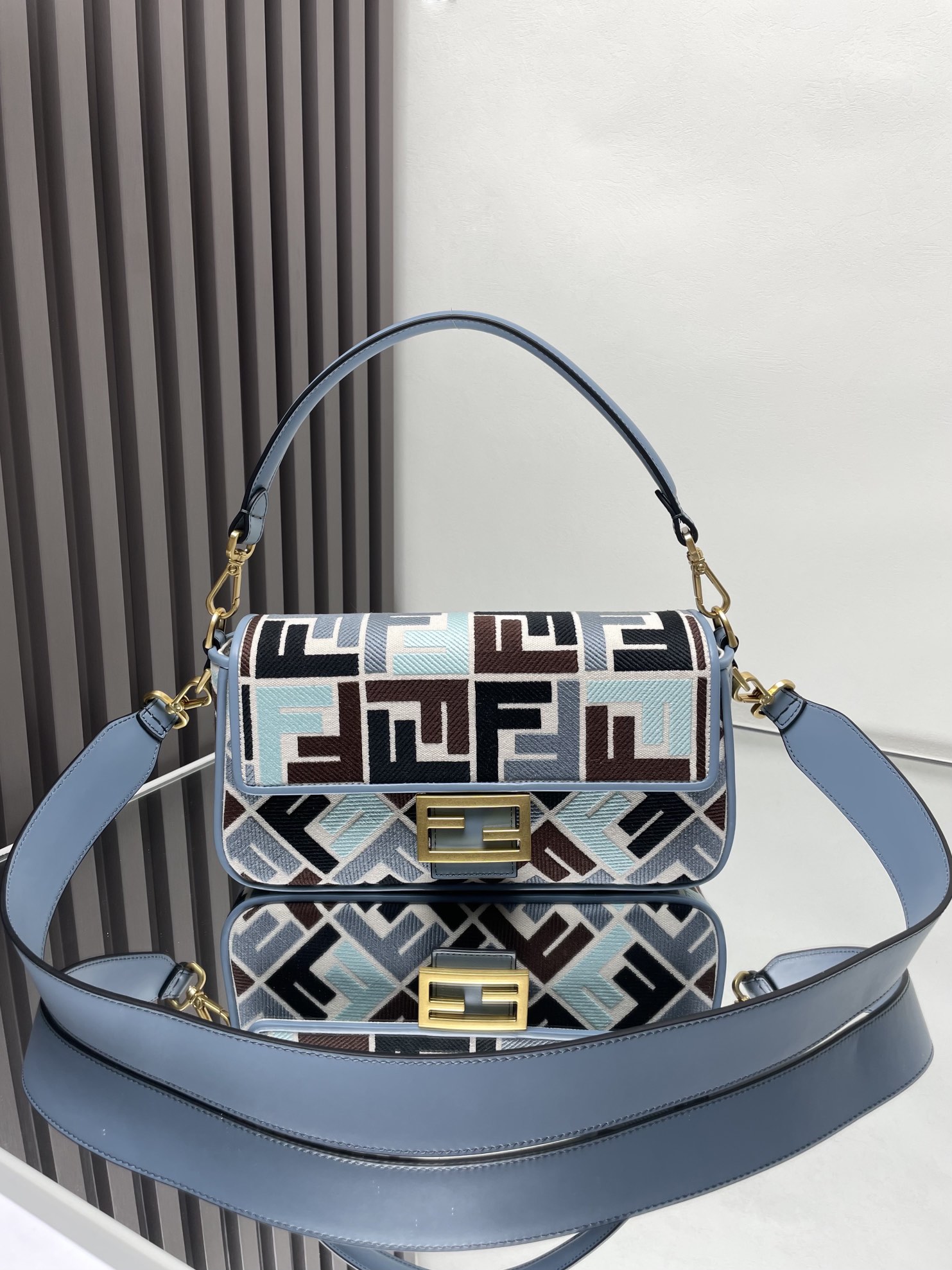 Fendi Multicolor Light Blue Leather FF Embroidered Baguette Shoulder Bag - KAIROO