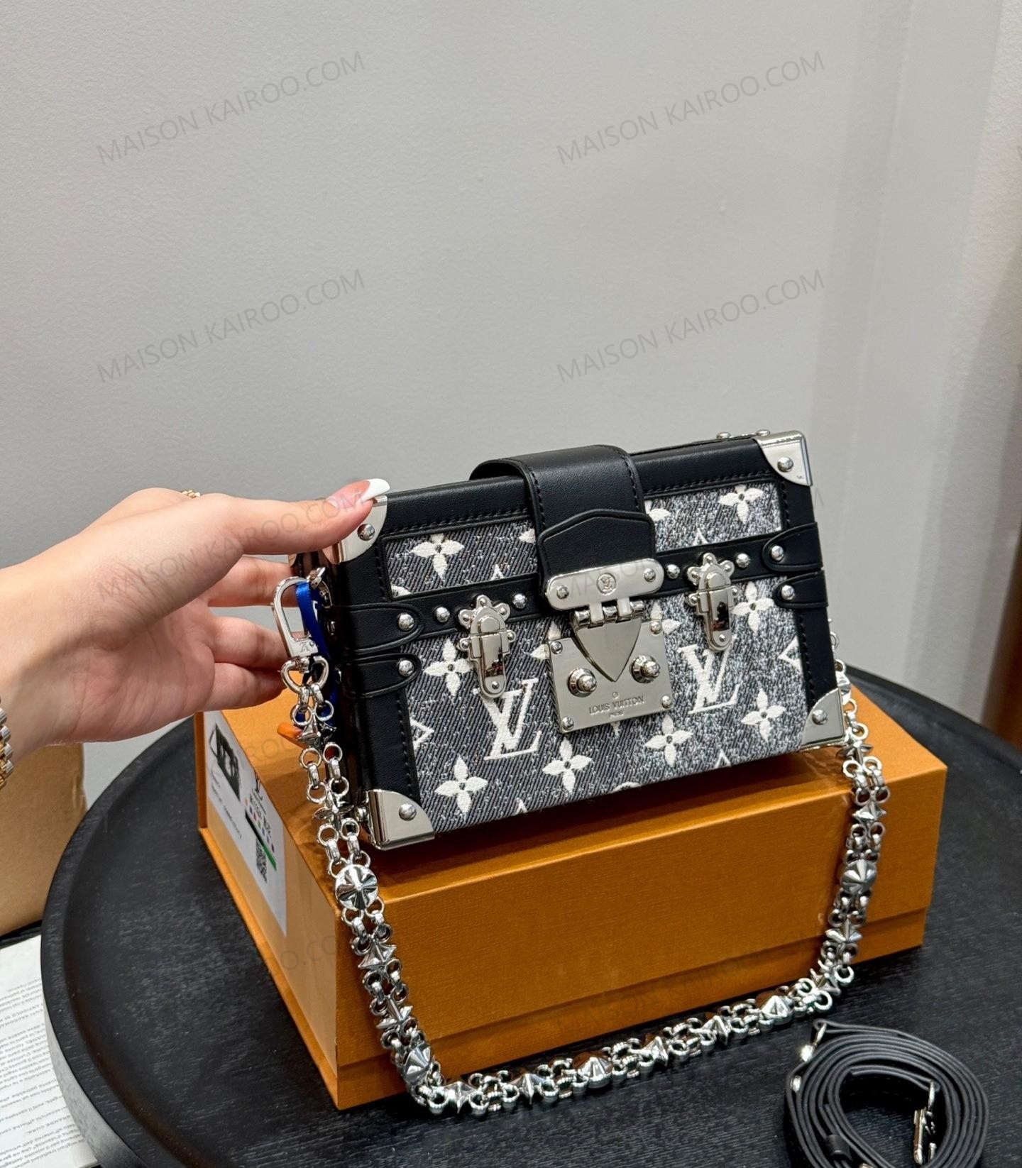 Louis Vuitton LV Petite Malle Trunk Monogram Grey Denim Black Leather Star Cut Chain Lock Crossbody Bag - KAIROO