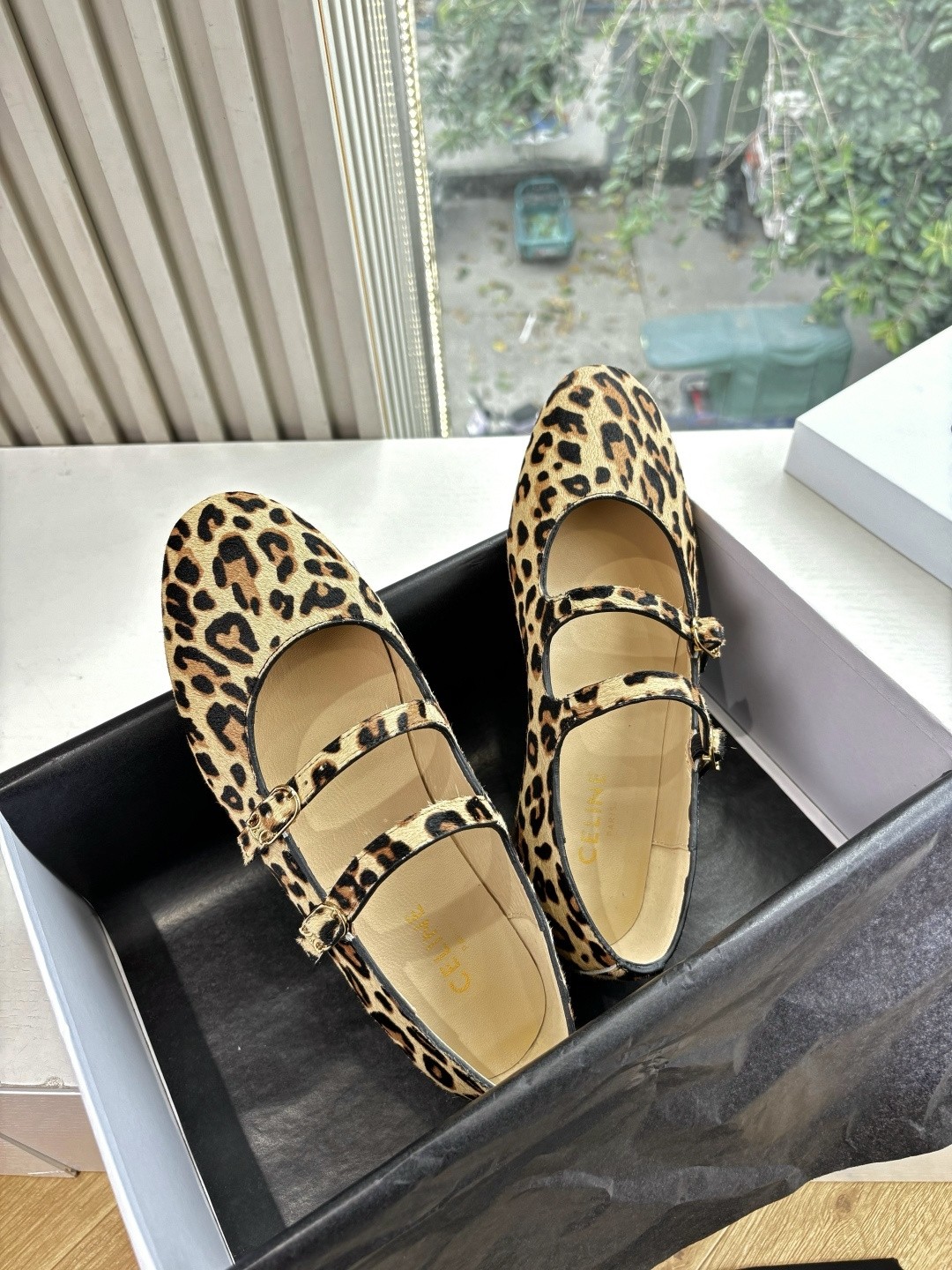 Celine Leopard Print Hair Triomphe Buckle Double Strap Round Toe Mary Jane Flats - KAIROO