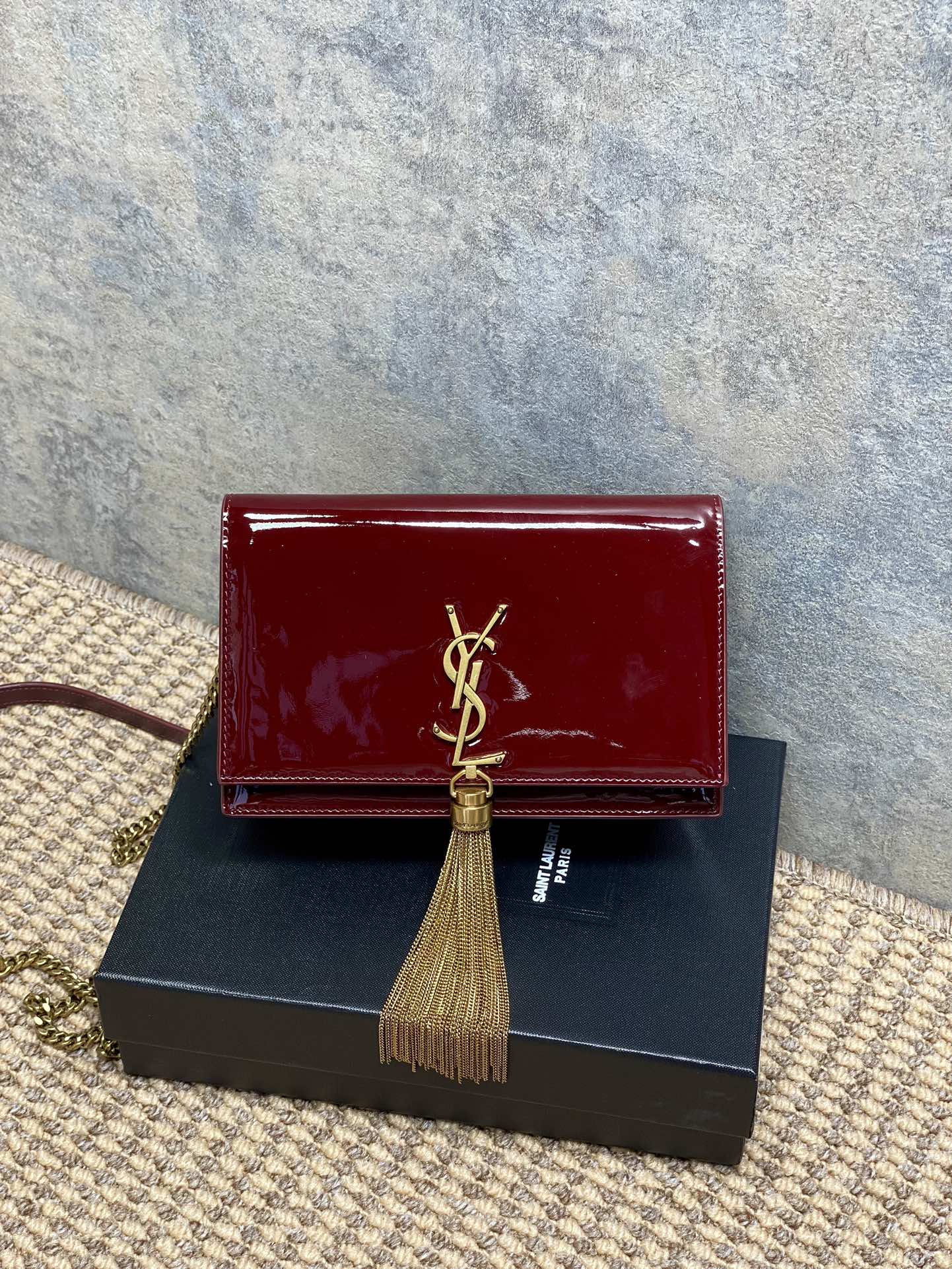Saint Laurent Rectangular Bordeaux Patent Leather Chain Shoulder Bag with Gold Tassel - KAIROO