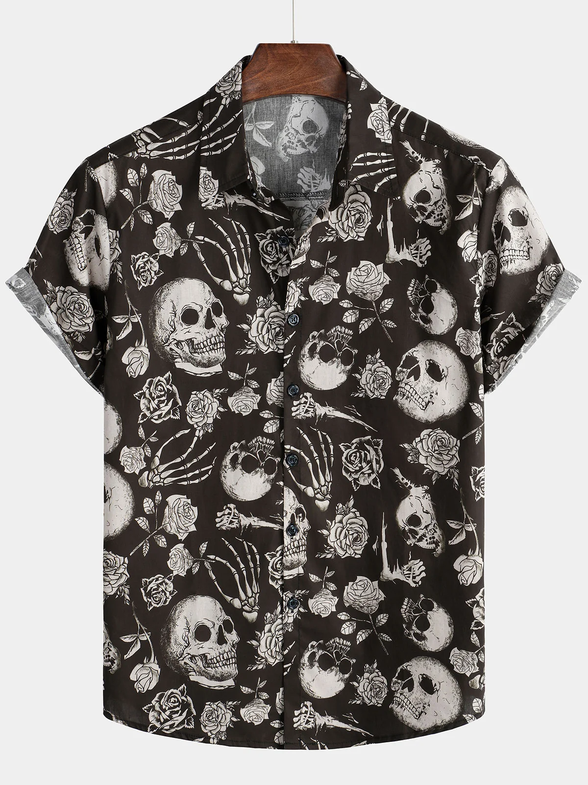 Men's Skull Rose Floral Punk Rock and Roll Button-Up Shirt