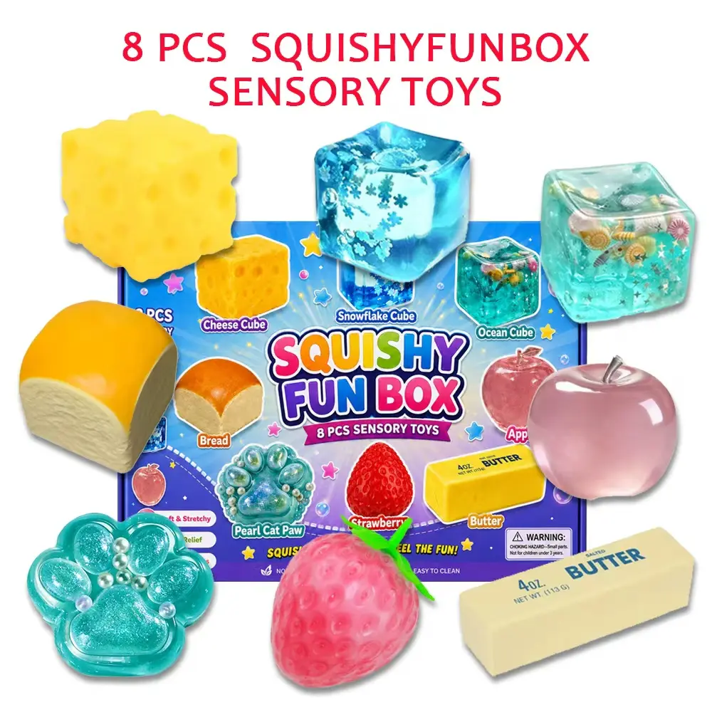 8-Piece Sensory Squishy Toy Box - Ultra-Soft Slow-Rise Fidget Variety Pack for Focus & Stress Relief