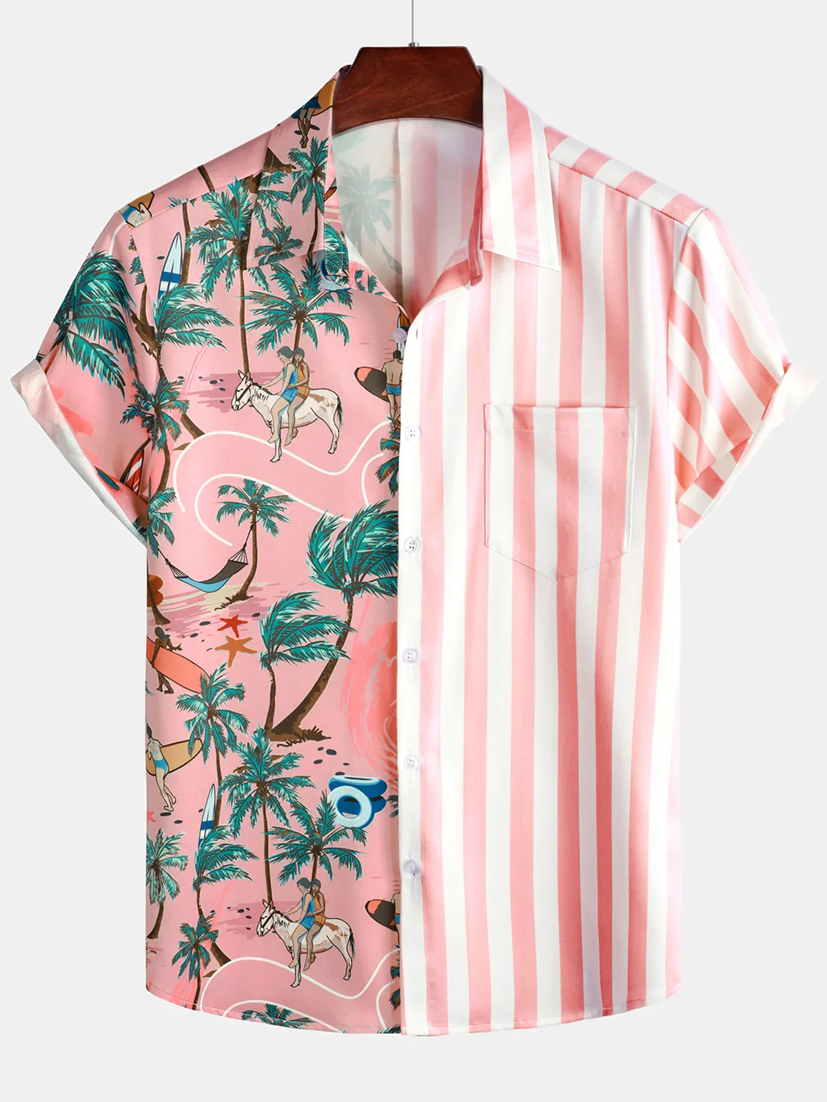 Men's Pink White Palm Print Aloha Hawaiian Short Sleeve Shirt