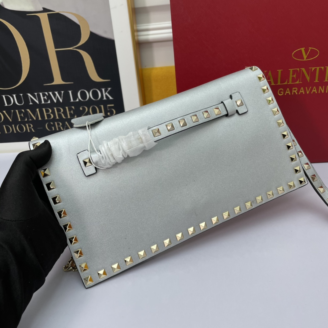 Valentino Rockstud Silver Leather Studs Flap Wristlet Strap Clutch Chain Envelope Crossbody Bag - KAIROO