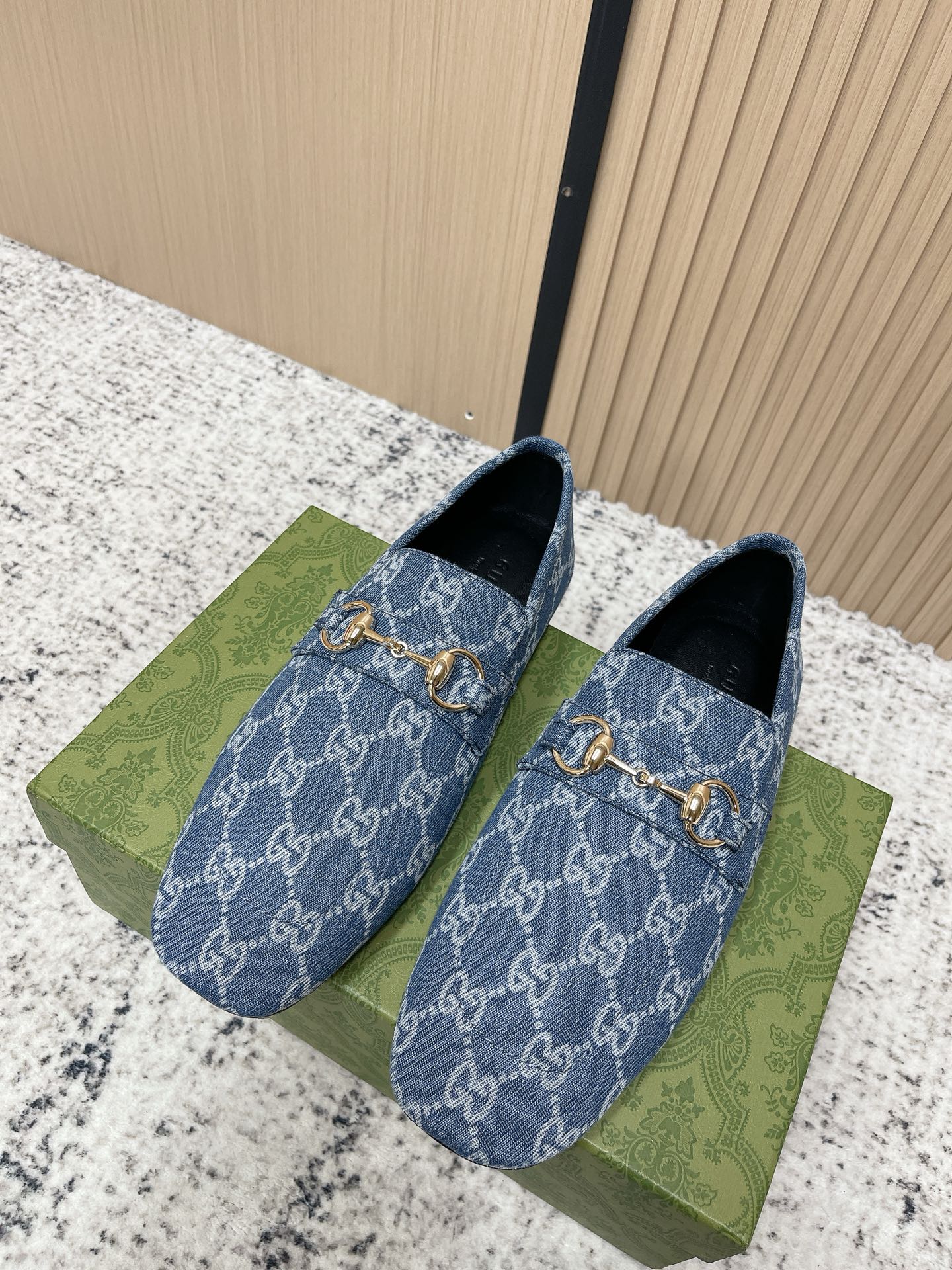 Gucci Jordann Unisex Denim GG Fabric and leather Loafers