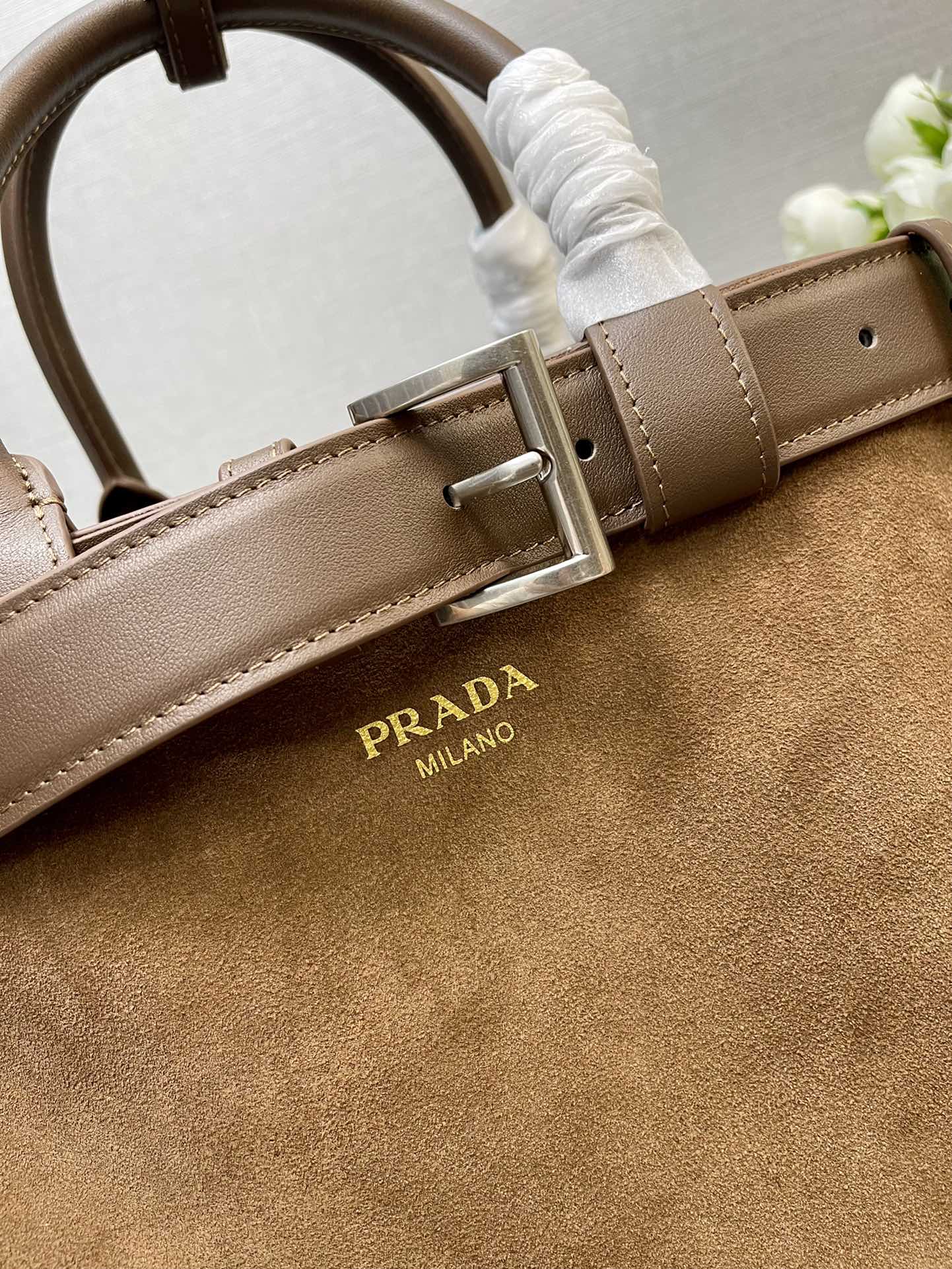 Prada MEDIUM TOTE BAG WITH 35 IN RUSSET BROWN SUEDE