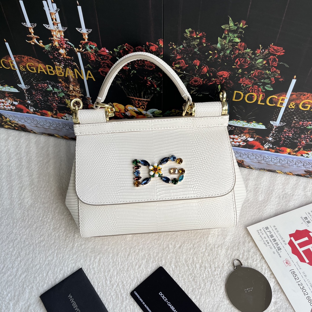 DOLCE & GABBAN Sicily Iguana-Print Leather Color Crystal DG Logo Top Handle Bag - KAIROO