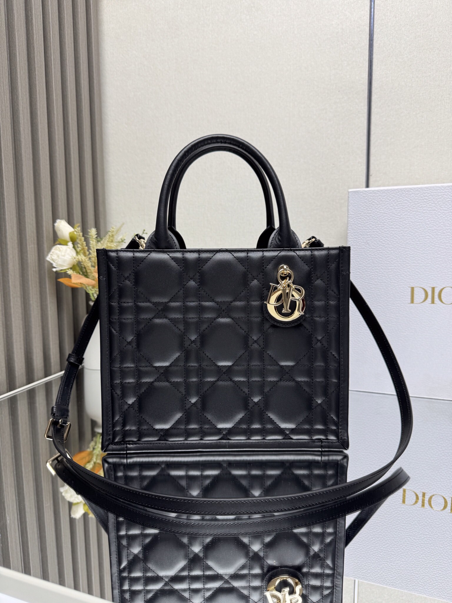 Dior Small Black Leather Book Tote with shoulder strap
