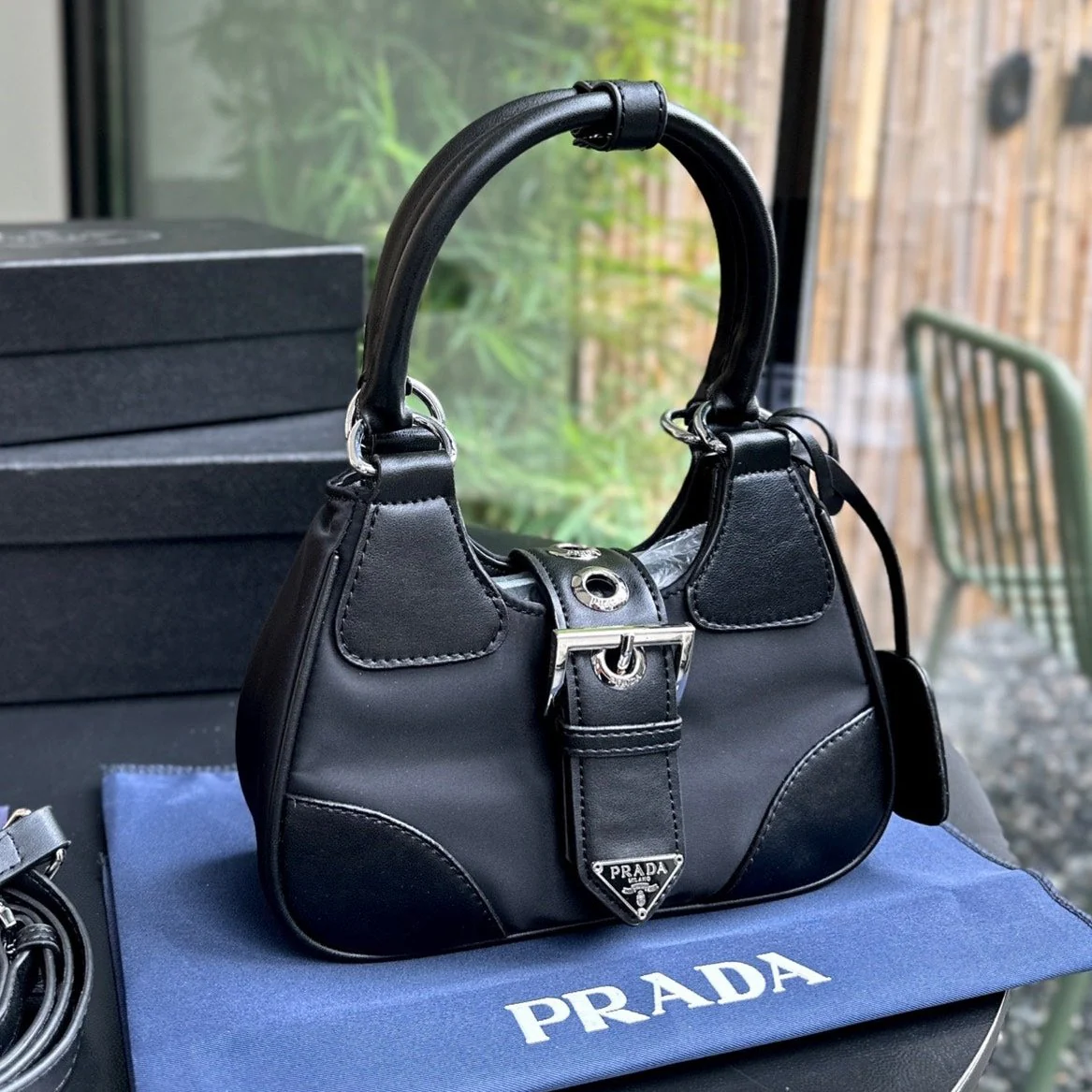 Prada 22 MOON PADDED BAG IN BLACK CALFSKIN WITH STRAP