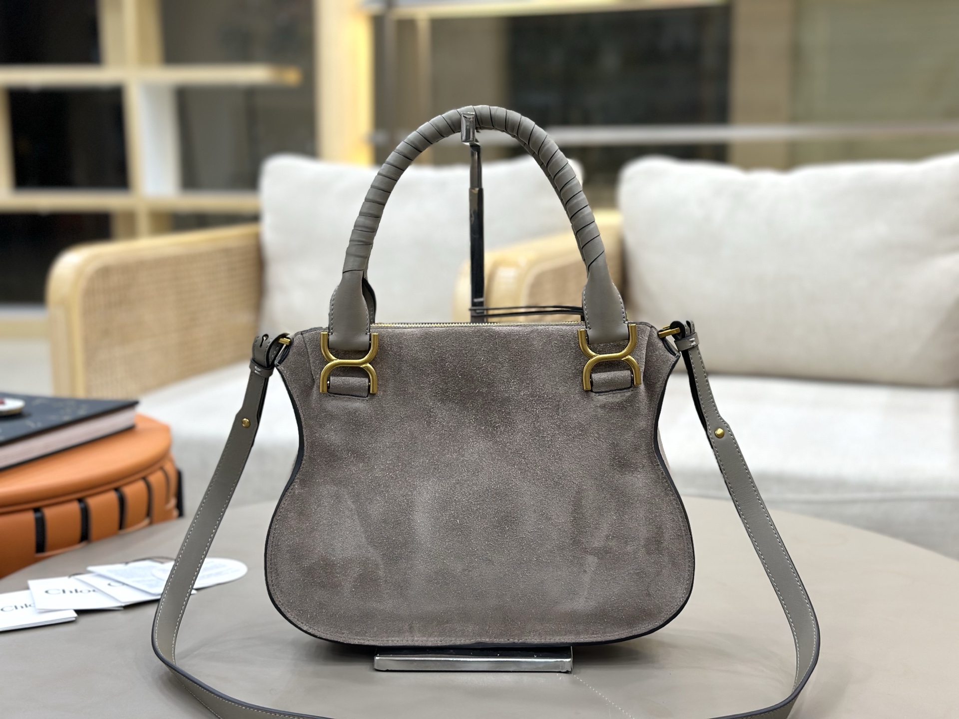 Chloe Small Marcie Bag in Suede Leather-Grey
