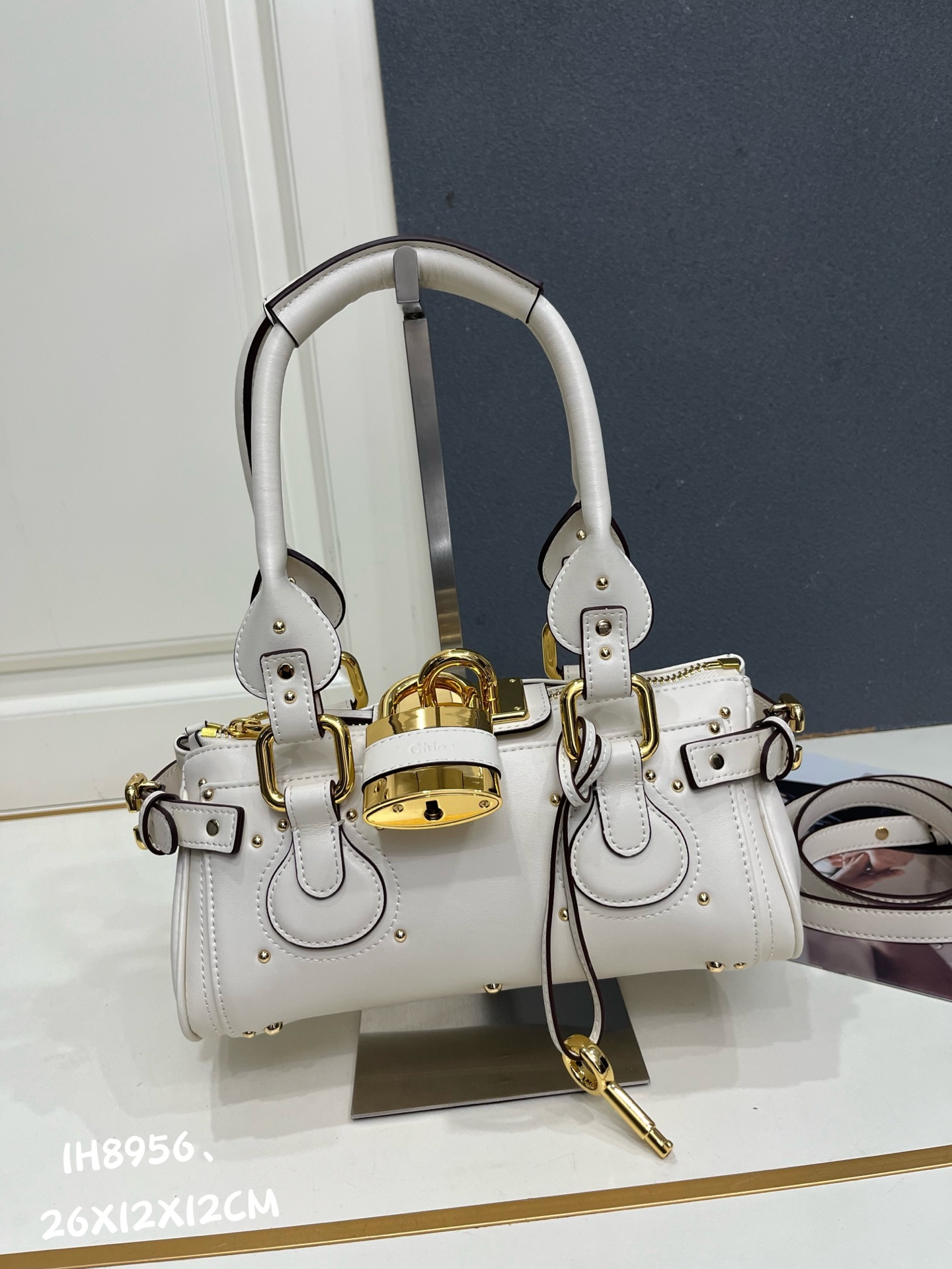 Chloe Paddington White Mini Oversized Rivet Padlock Key Smooth Leather Hobo Top Handle Bag - KAIROO