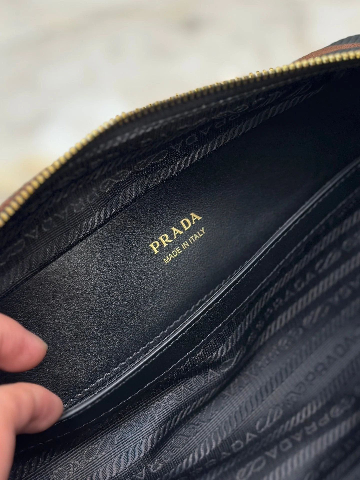Prada MESSENGER BAG 22 IN BLACK AND BROWN EMBROIDERED FABRIC GOLD HARDWARE