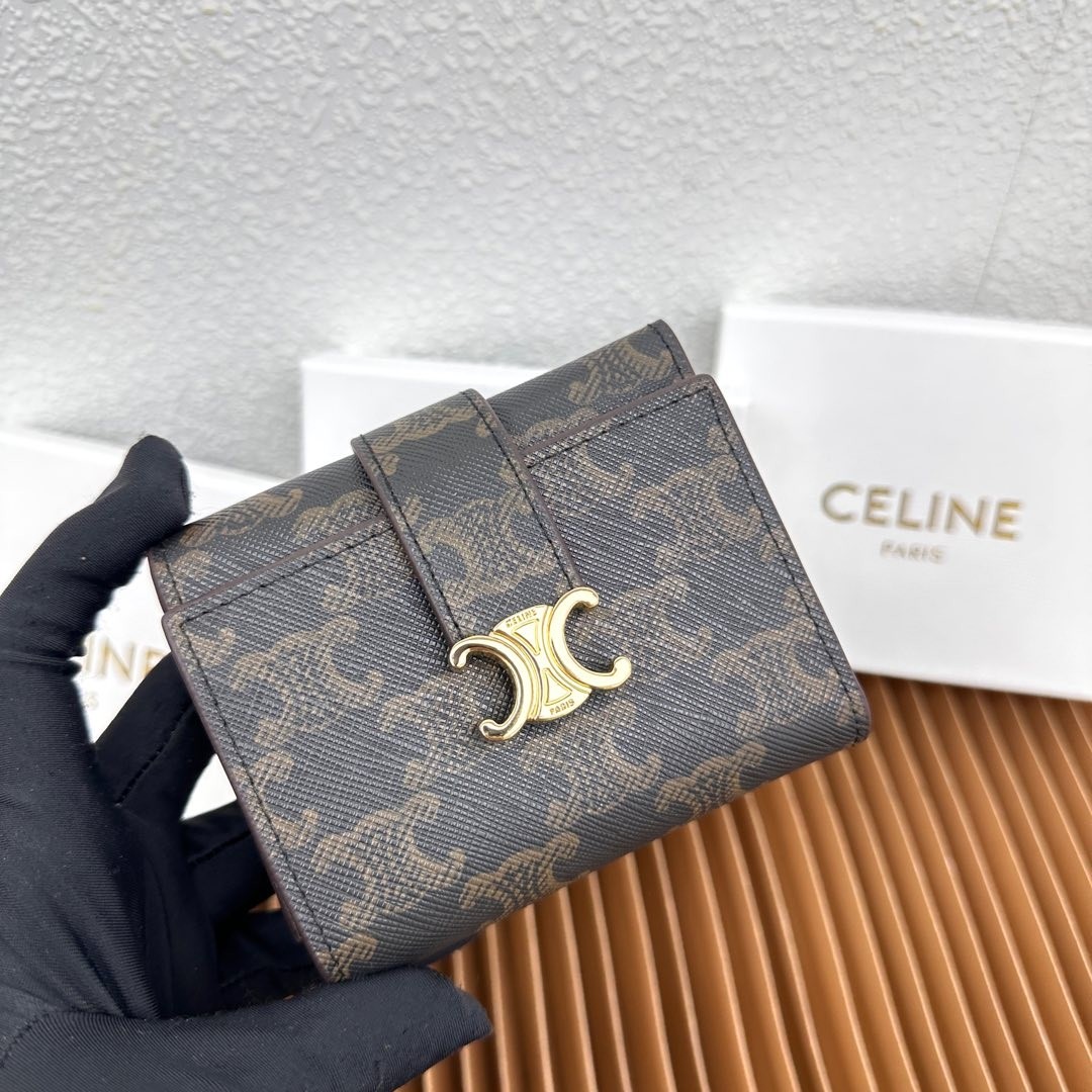 Celine Small Triomphe Canvas Grained Leather Metallic Buckle Square Compact Trifold Short Wallet - KAIROO