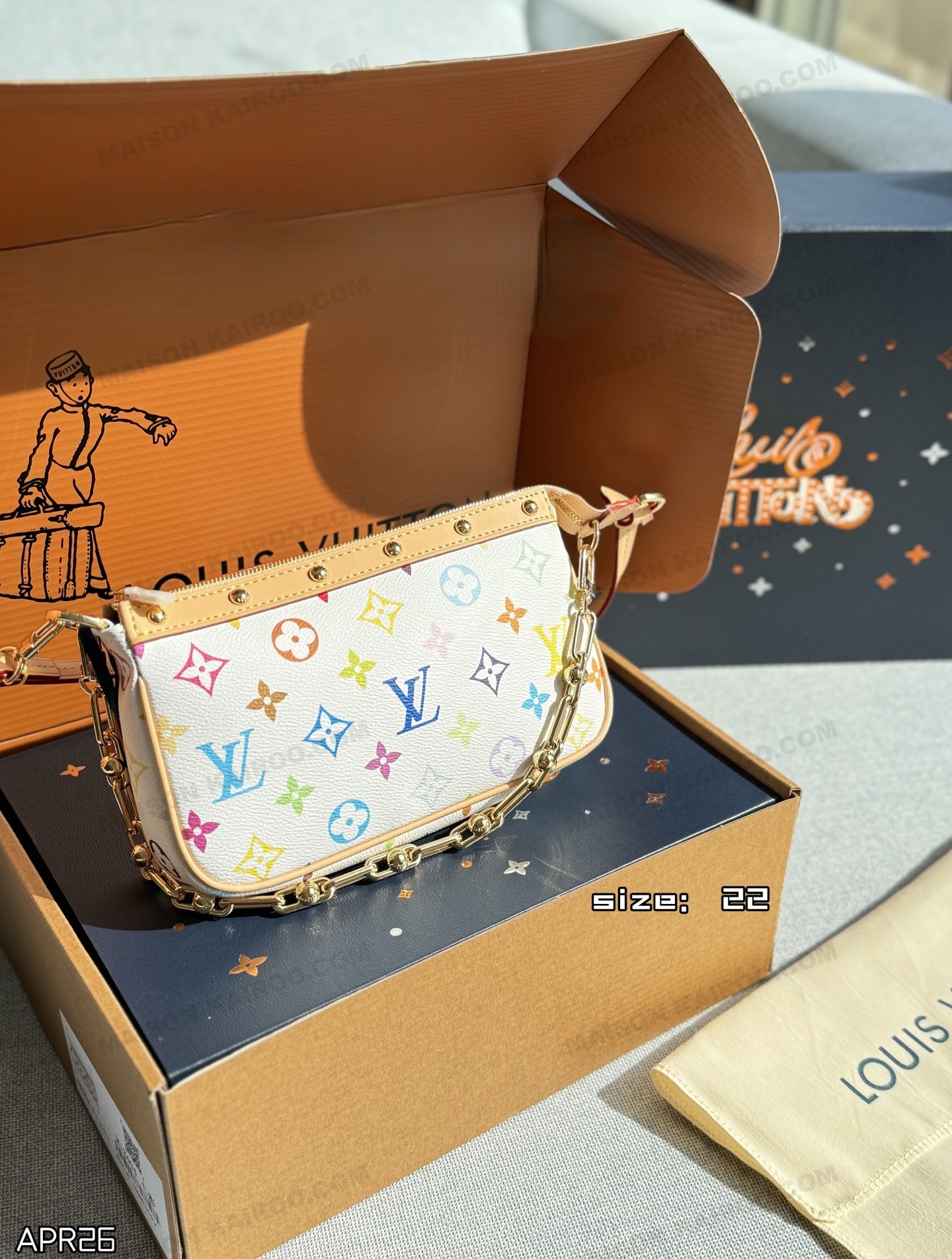 Louis Vuitton LV x TM White Monogram Multicolore Canvas Leather Studded Chain PA Pouch Hobo Shoulder Bag - KAIROO