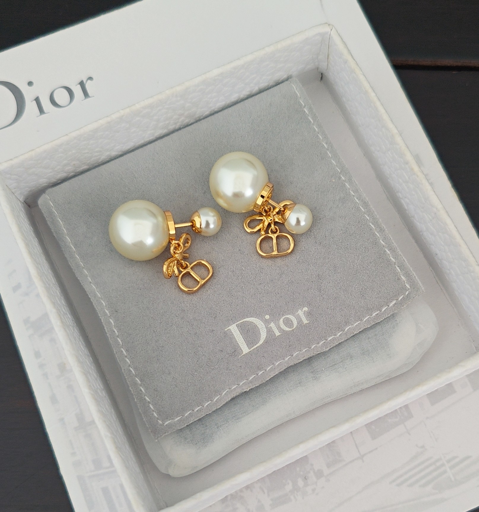 Dior Gold Mixed Pearl Bow CD Earrings