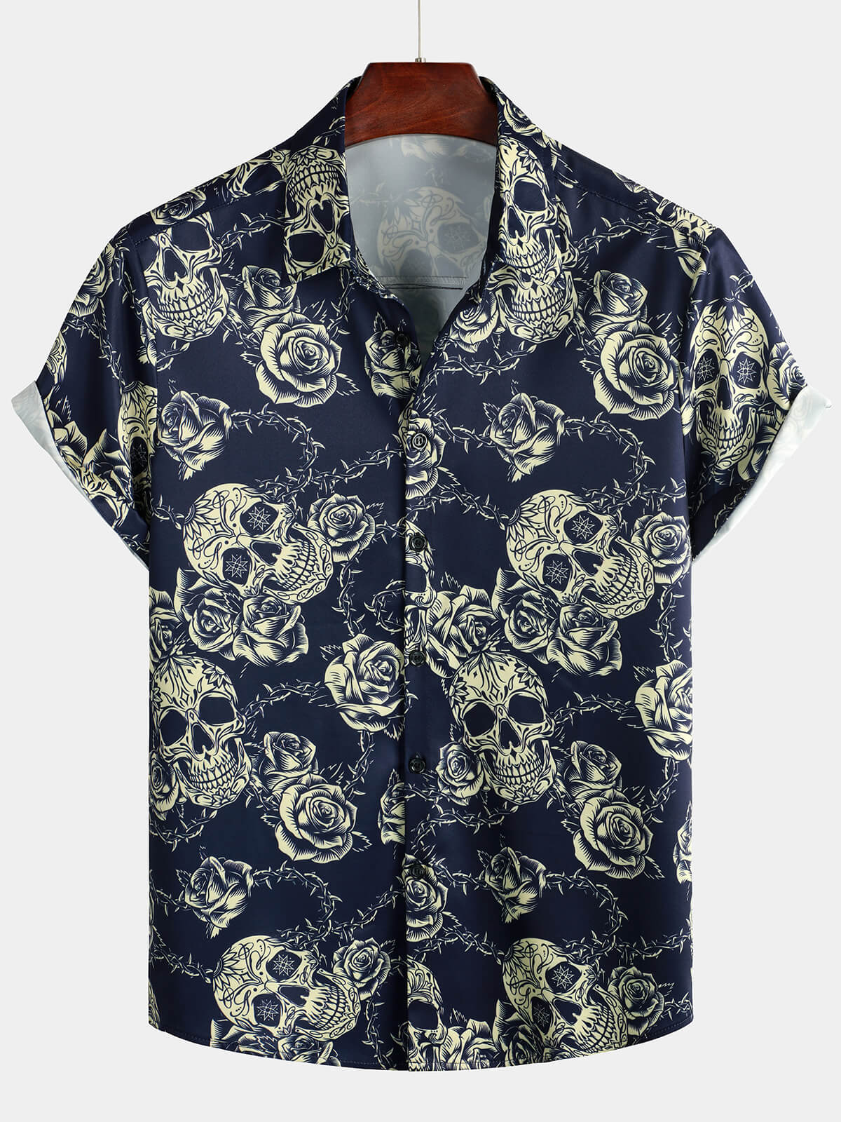 Men's Vintage Rose Skull Rock Print Button-Up Short Sleeve Shirt