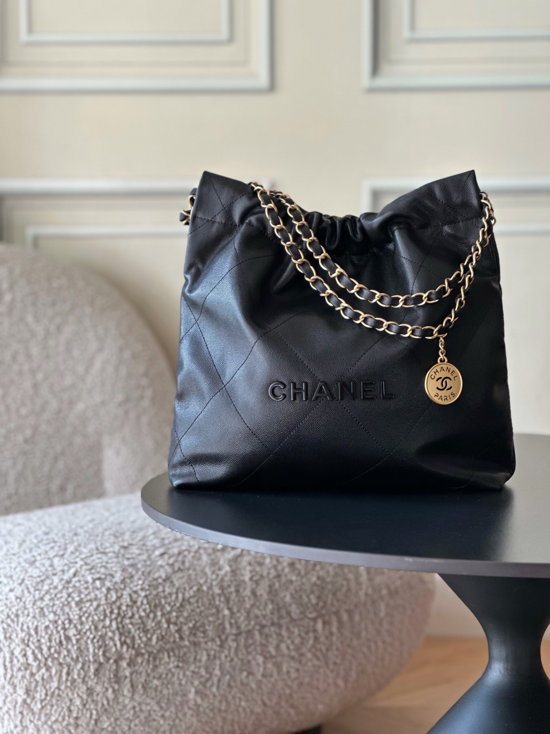 Chanel 22 Small Handbag in Black Grained Calfskin AS3260