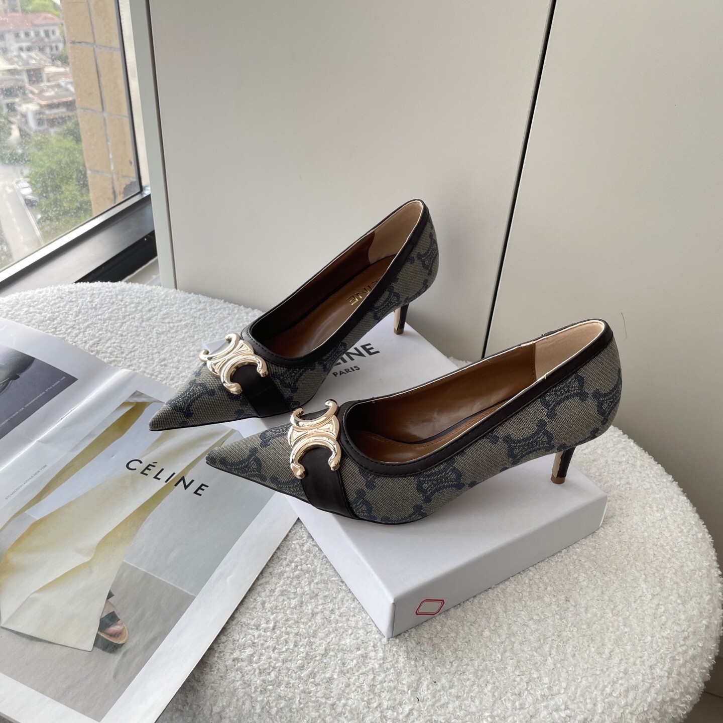 Celine Triomphe Monogram Canvas Gold Logo Leather Strap Pointed Toe Stiletto Pumps Heels - KAIROO