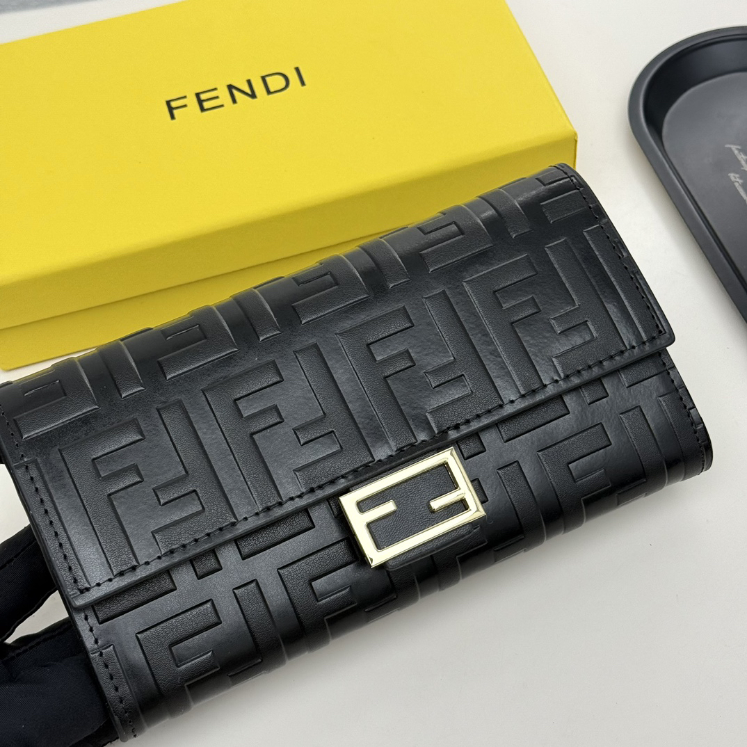Fendi Black Embossed FF Leather Gold FF Buckle Long Wallet - KAIROO