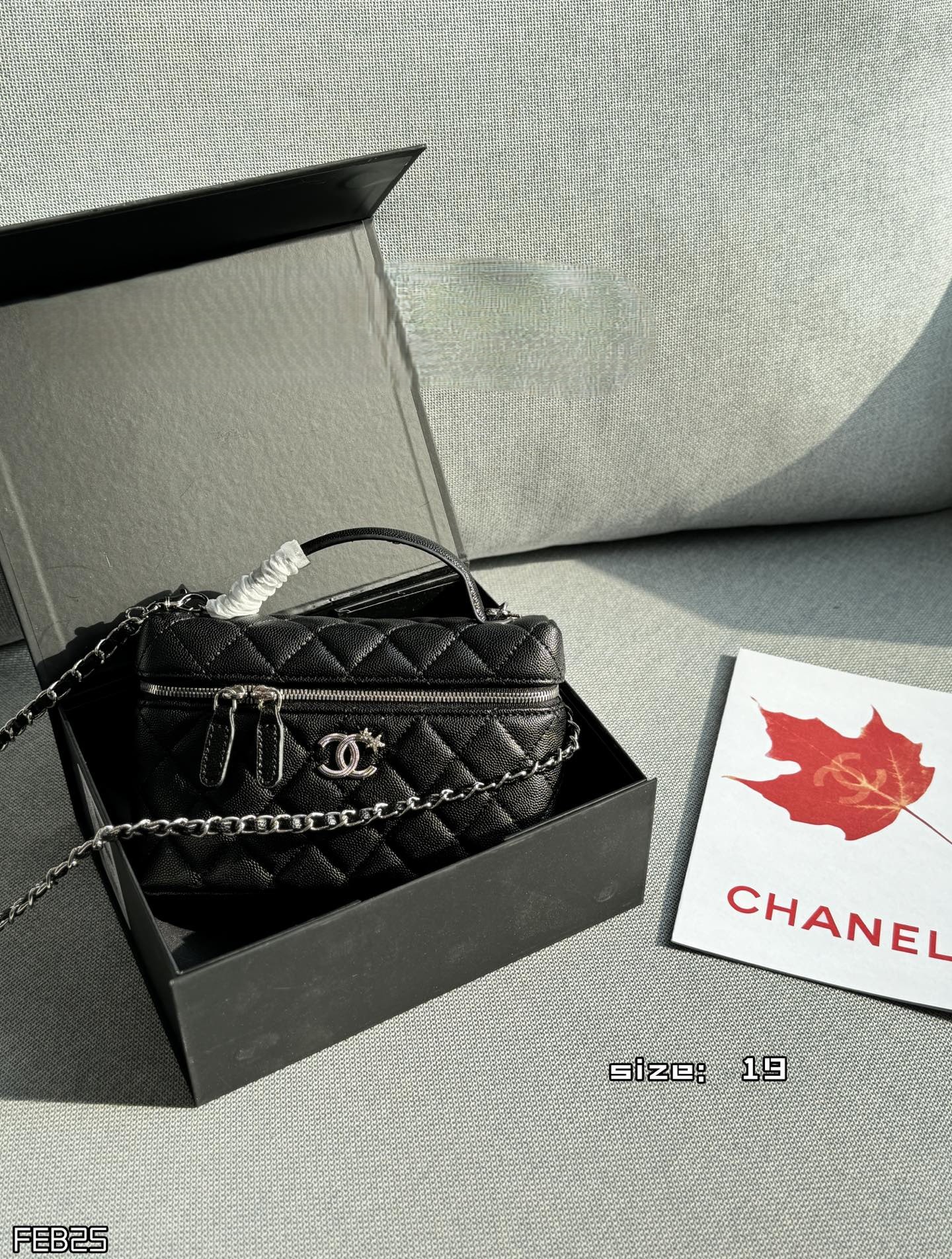 Chanel 19CM Caviar Quilted Slim Vanity Case Coco Beauty Crystal CC Star Logo Handle Crossbody Bag - KAIROO