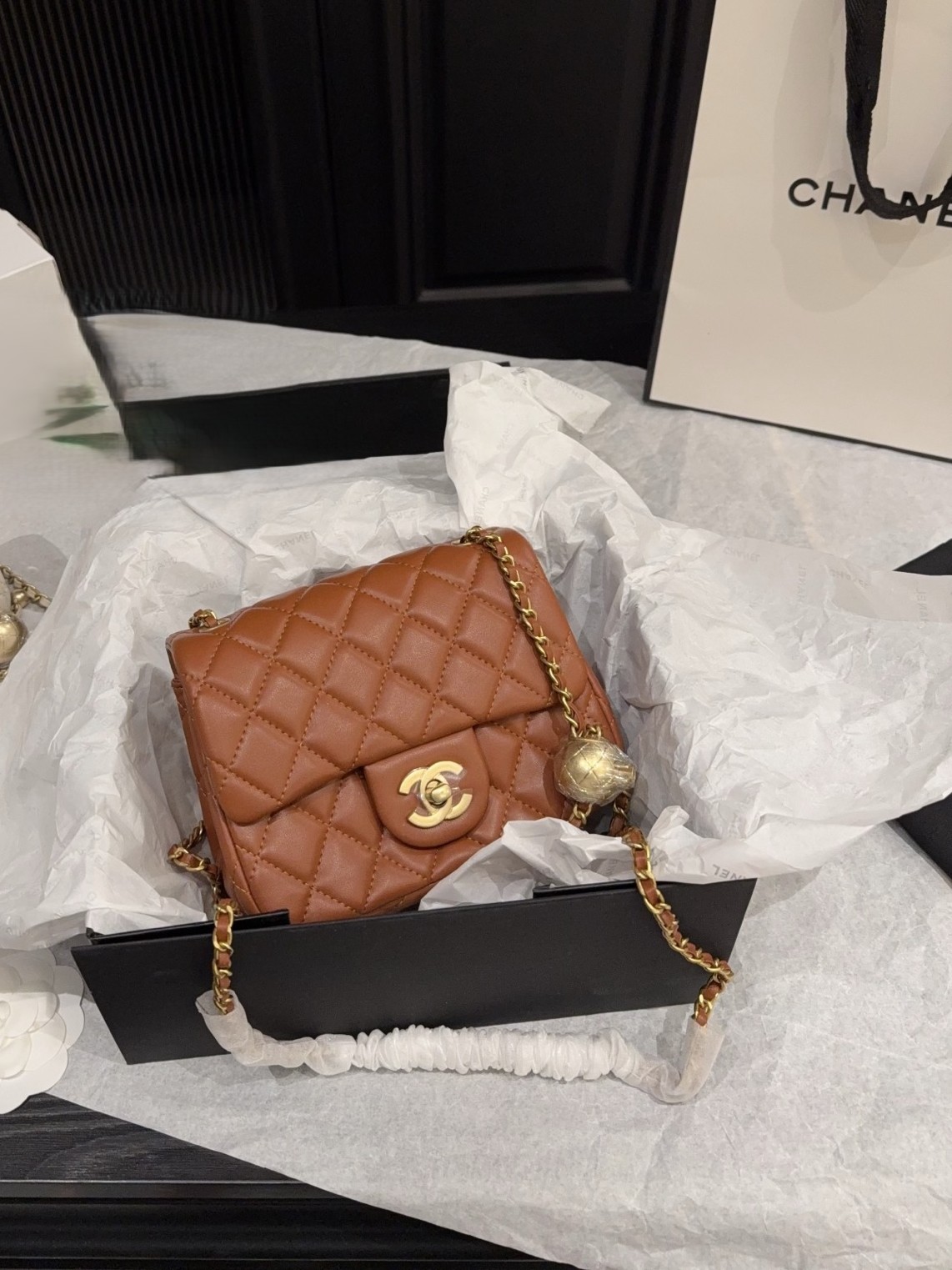 Chanel Mini Square CF 17CM Gold Ball Pearl Crush Quilted Leather Flap Chain Shoulder Bag - KAIROO