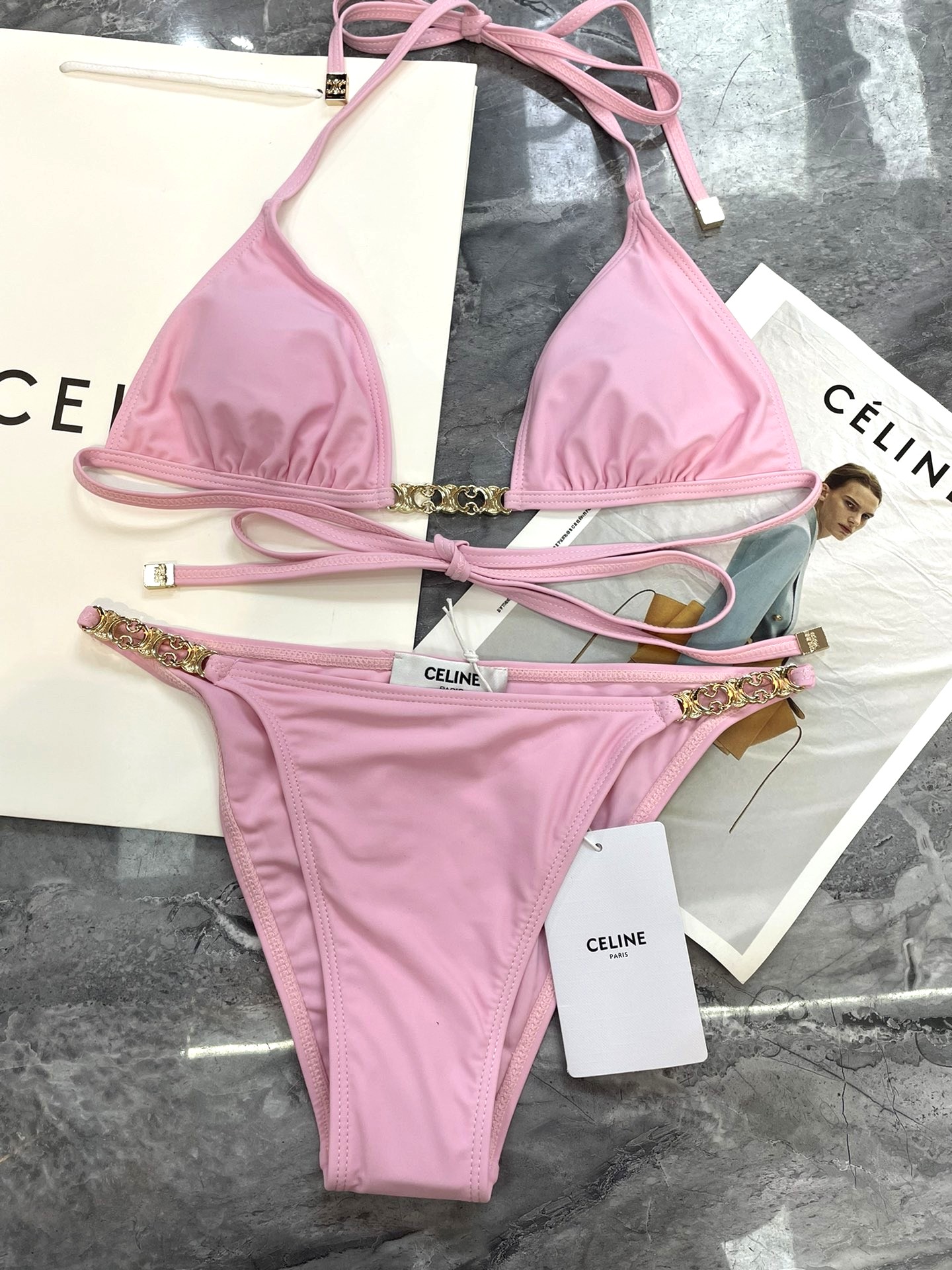 Celine Pink Halter Neck Triomphe Chain Hardware Jersey Bikini Set Swimwear - KAIROO