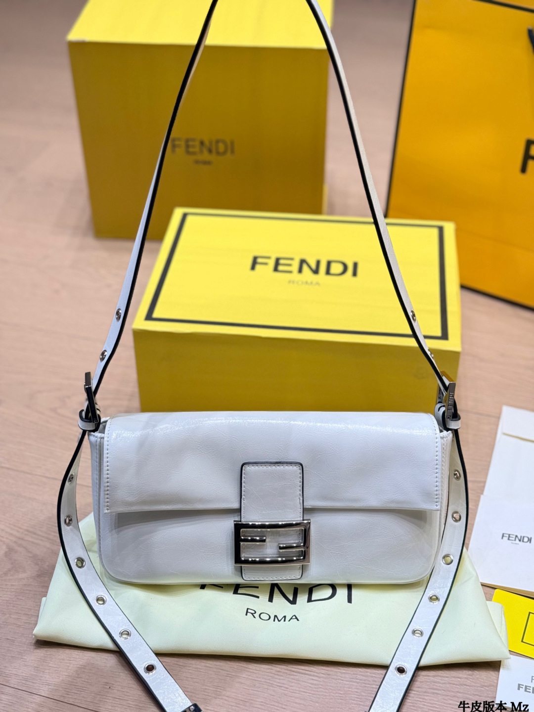 Fendi Cream White Wax Leather Baguette Silver FF Buckle Adjustable Strap - KAIROO
