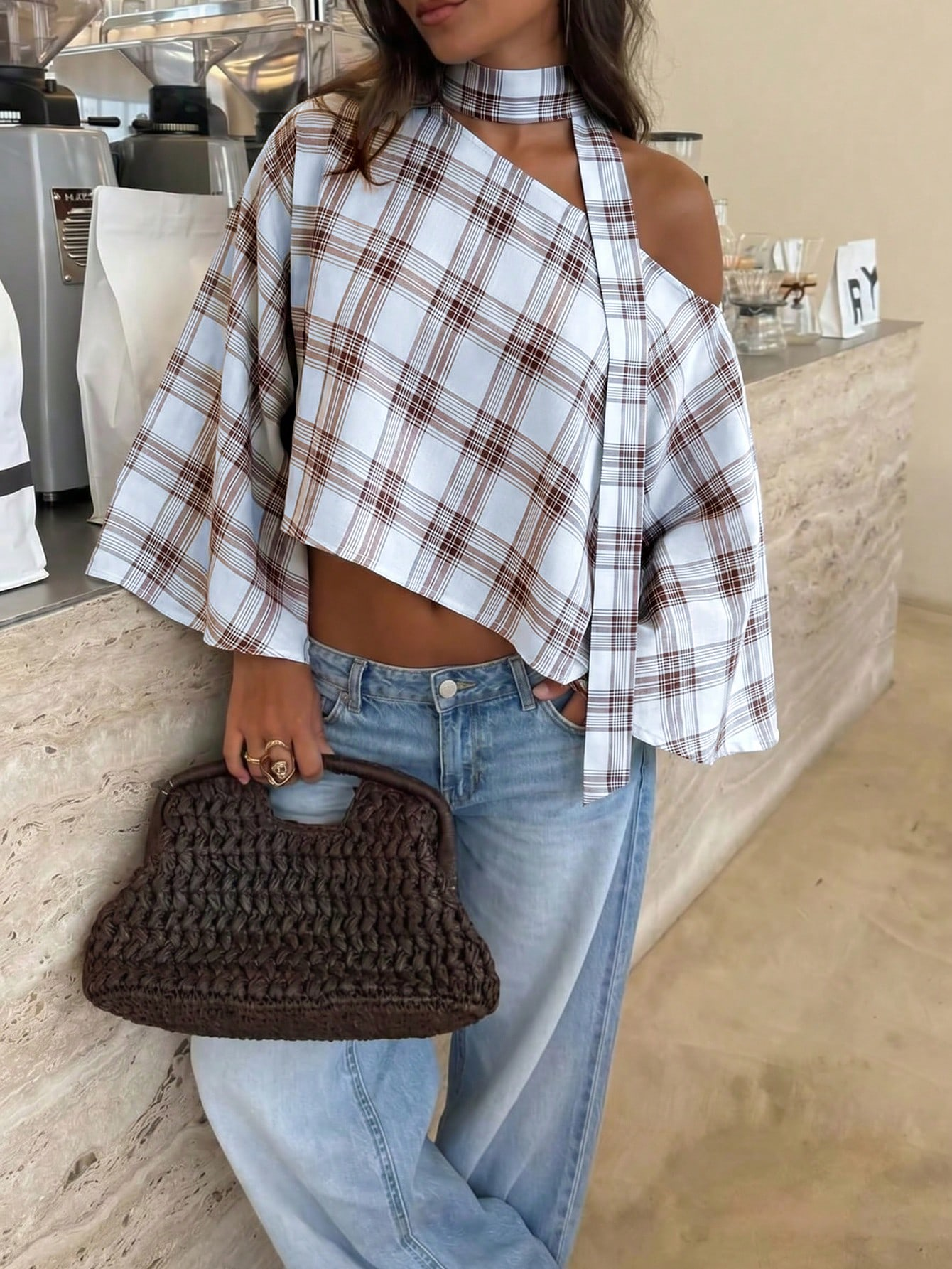 Women's Vintage Plaid Bell Sleeve Asymmetrical Hem Blouse