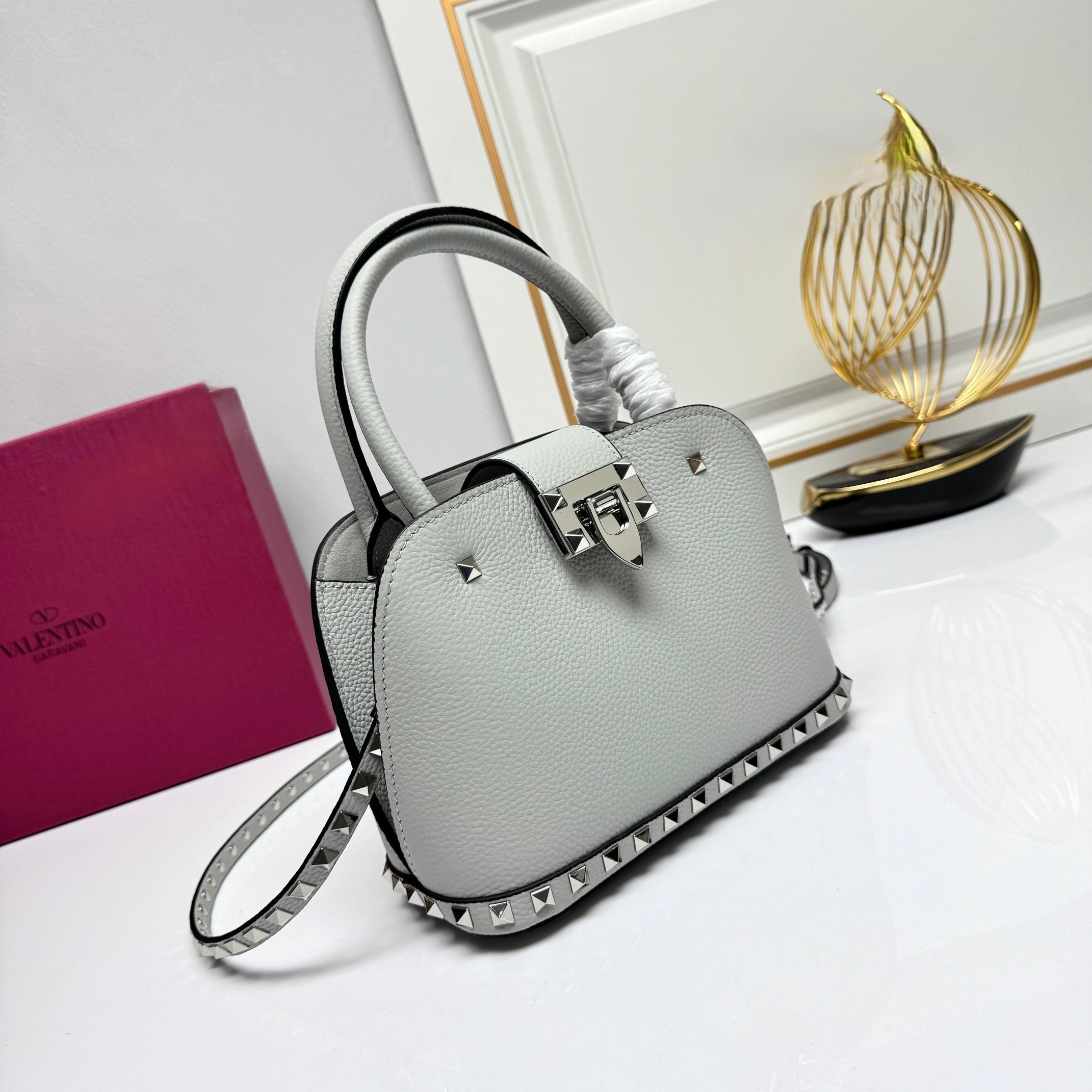 Valentino Rockstud Grey Grained Leather Studded Flip-lock Handle Crossbody Dome Bag - KAIROO