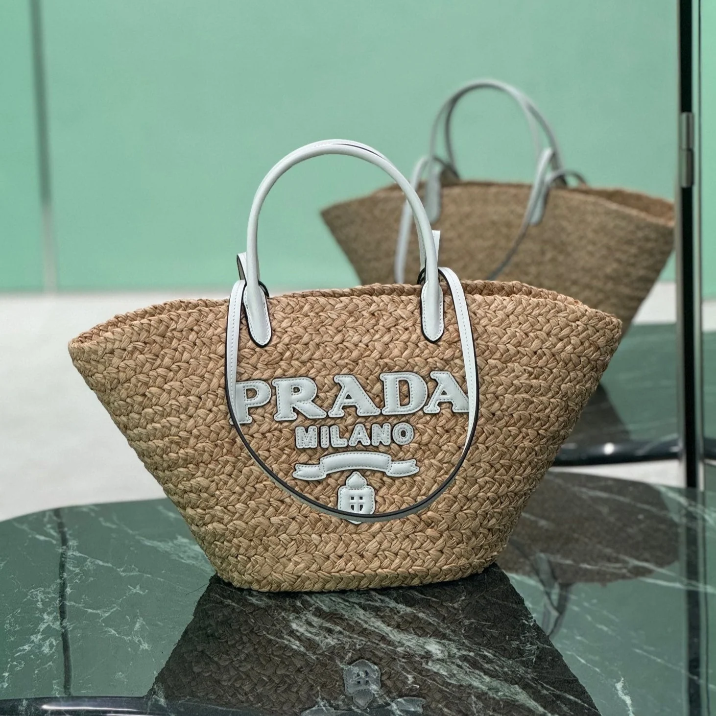 Prada LARGE TOTE BAG 56 IN BEIGE RAFFIA GRASS AND WHITE CALFSKIN TRIM