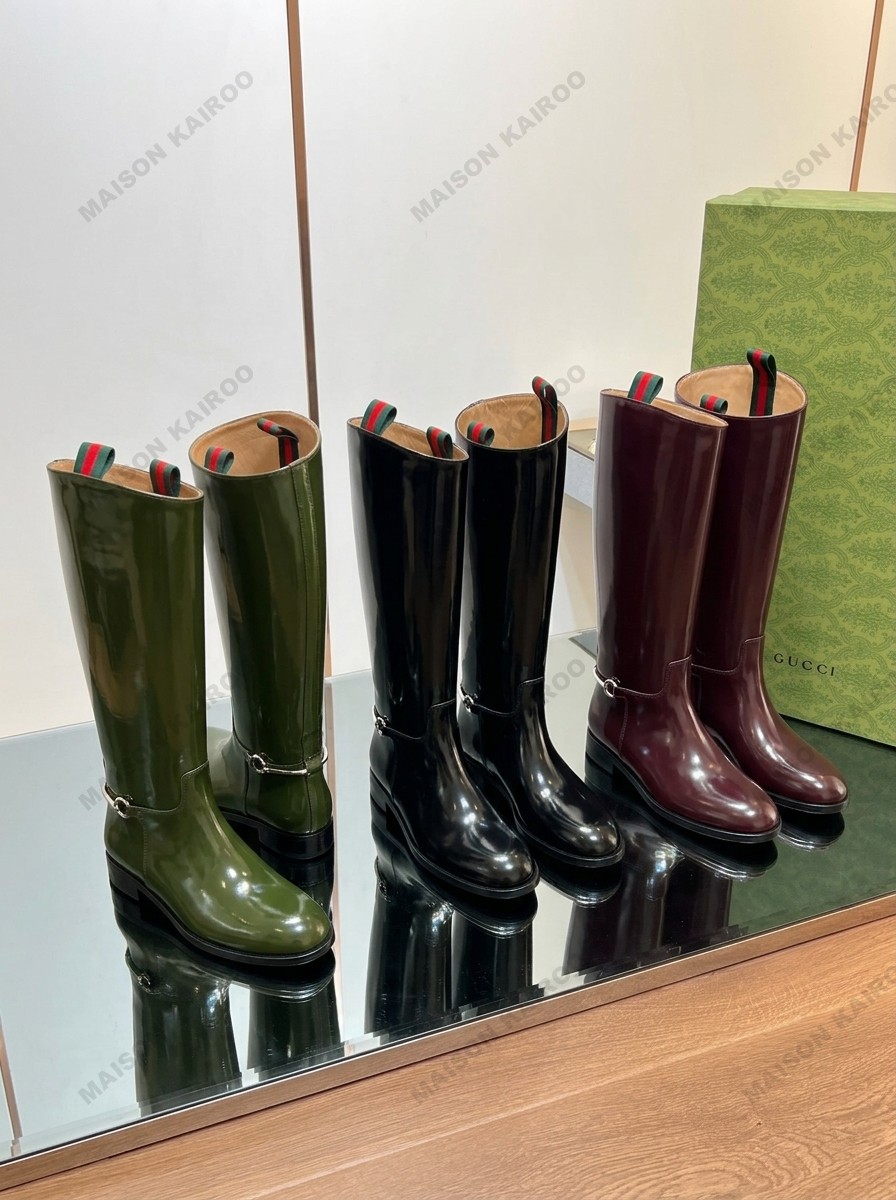 Gucci Horsebit Tall Chain Patent Leather Back Pull Tab Knee High Flat Boots - KAIROO