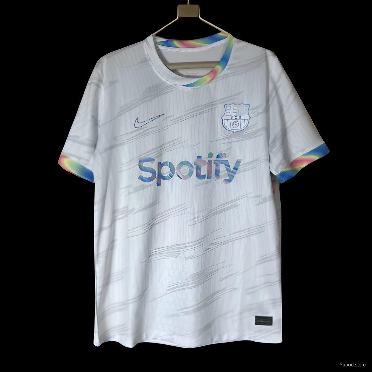 25/26 Barcelona White Football Jersey with Spotify Sponsorship and Rainbow Accents