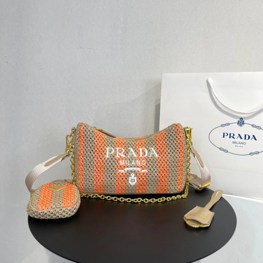 Prada HOBO BAG 23 IN BEIGE MIX ORANGE RAFFIA WITH WHITE LOGO GOLD HARDWARE
