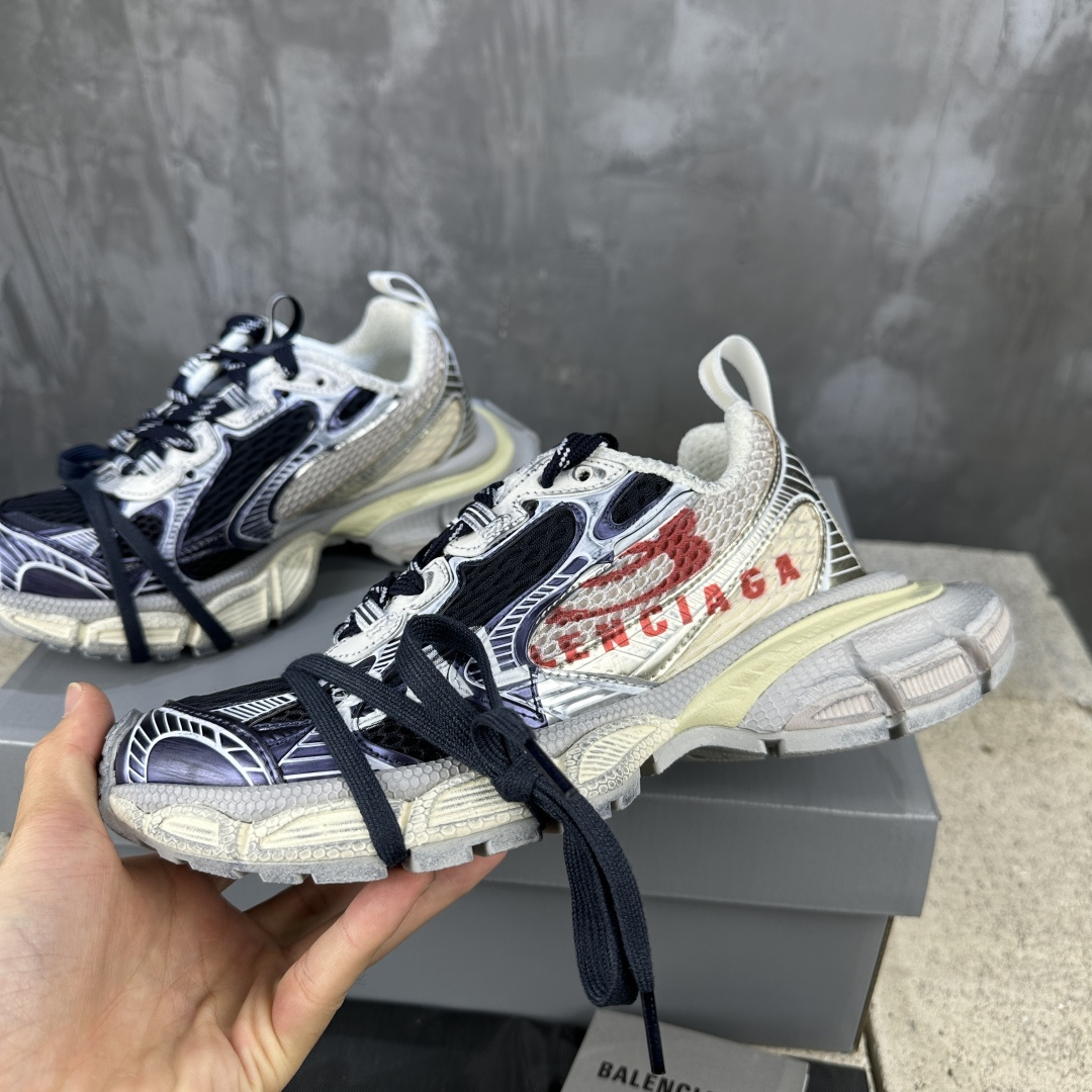 Balenciaga 3XL Silver Black Print Red Logo Mesh Polyurethane Wrapped Laces Oversized Chunky Sneakers - KAIROO