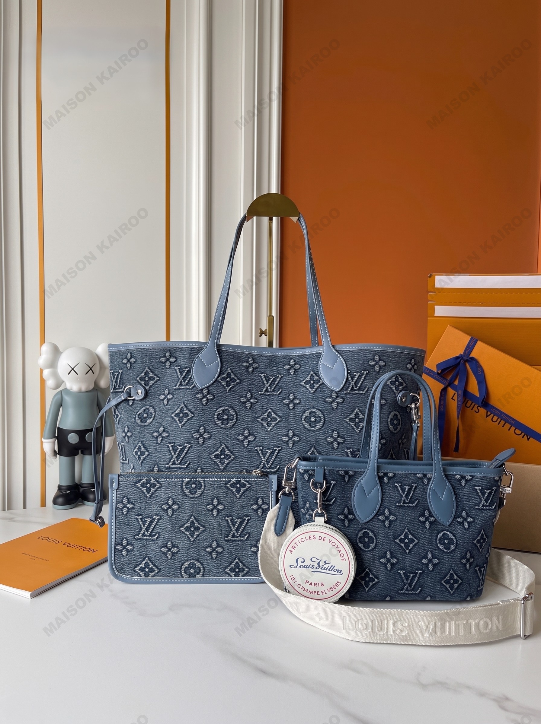 Louis Vuitton LV Neverfull BB&MM Blue Denim Raised Embossed Monogram Tote Bag With Pouch - KAIROO