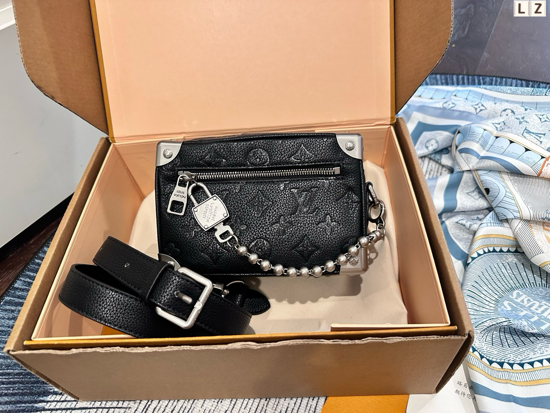 Louis Vuitton LV Mini Soft Trunk Matte Embossed Monogram Leather Silver Metal Round Bead Chain Shoulder Bag - KAIROO
