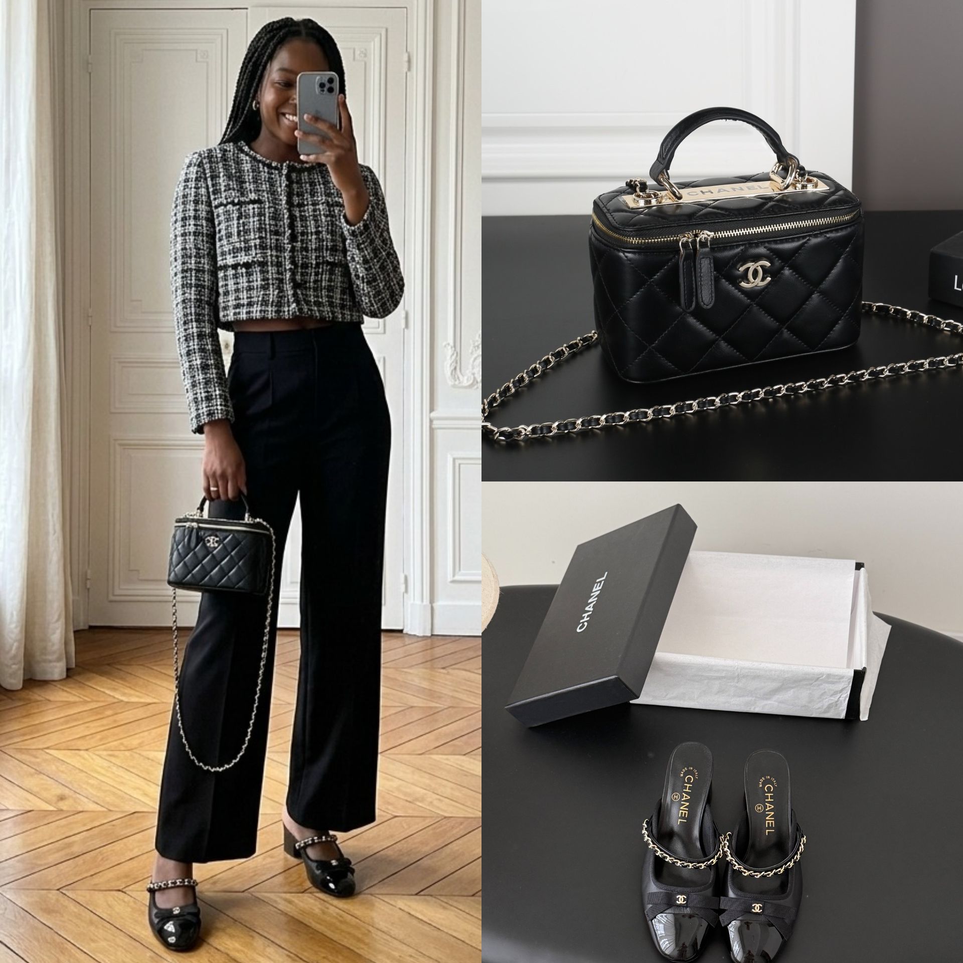 Chanel Classic Black Quilted Small Vanity Case 18CM & CC Logo Chain Pumps Set - KAIROO