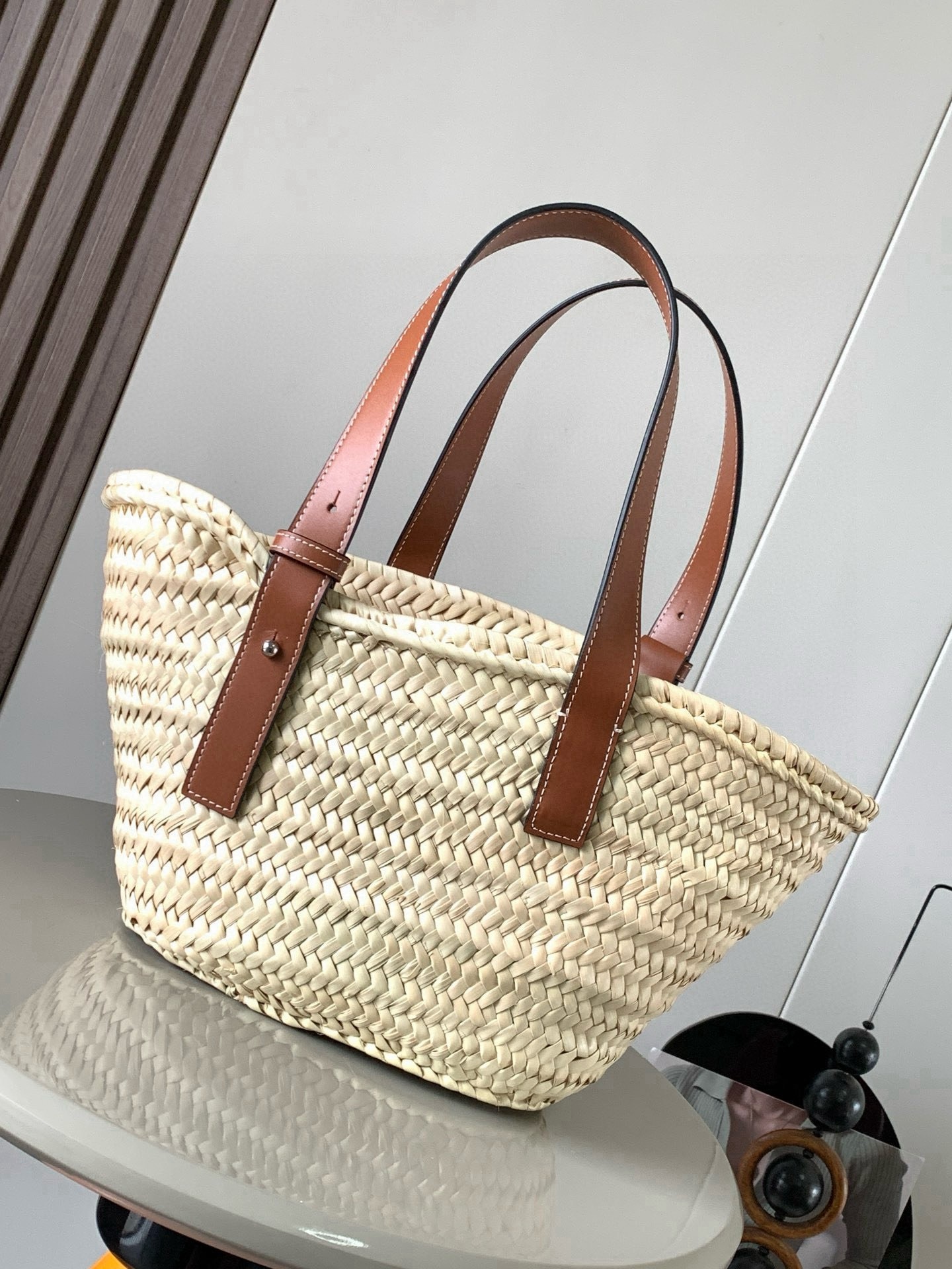 Loewe Woven Straw Big Embossed Anagram Handle Tote Basket Bag - KAIROO
