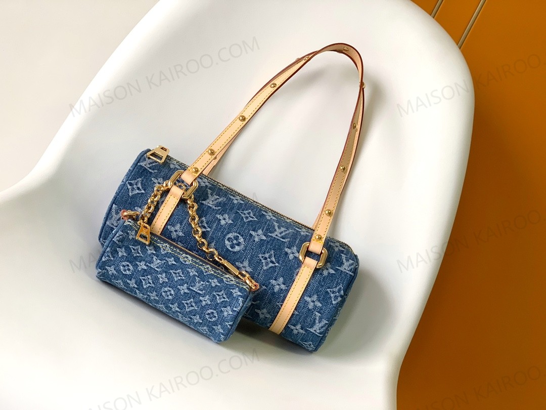 Louis Vuitton LV Papillon Washed Blue Monogram Denim Soft Cylindrical With Pouch Shoulder Bag - KAIROO