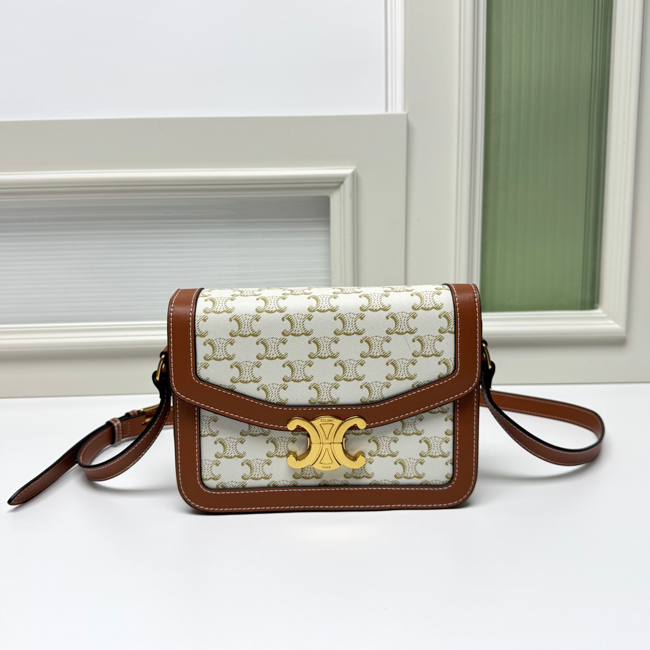 Celine Medium Monogram Canvas Leather Metal Tone Triomphe Hardware Flap Box Crossbody Bag - KAIROO