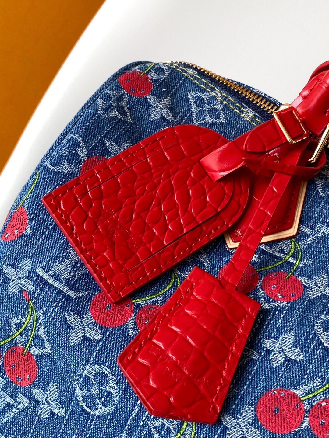 Louis Vuitton LV Speedy Bandoulière Denim Monogram Cherry HandbagNew Denim Cherry Bag