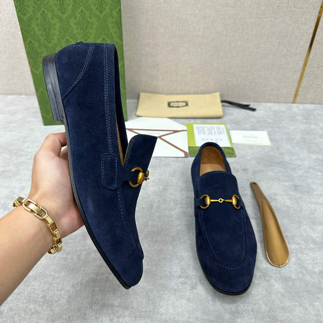 Men's Gucci Jordaan loafer with Web in Dark blue suede